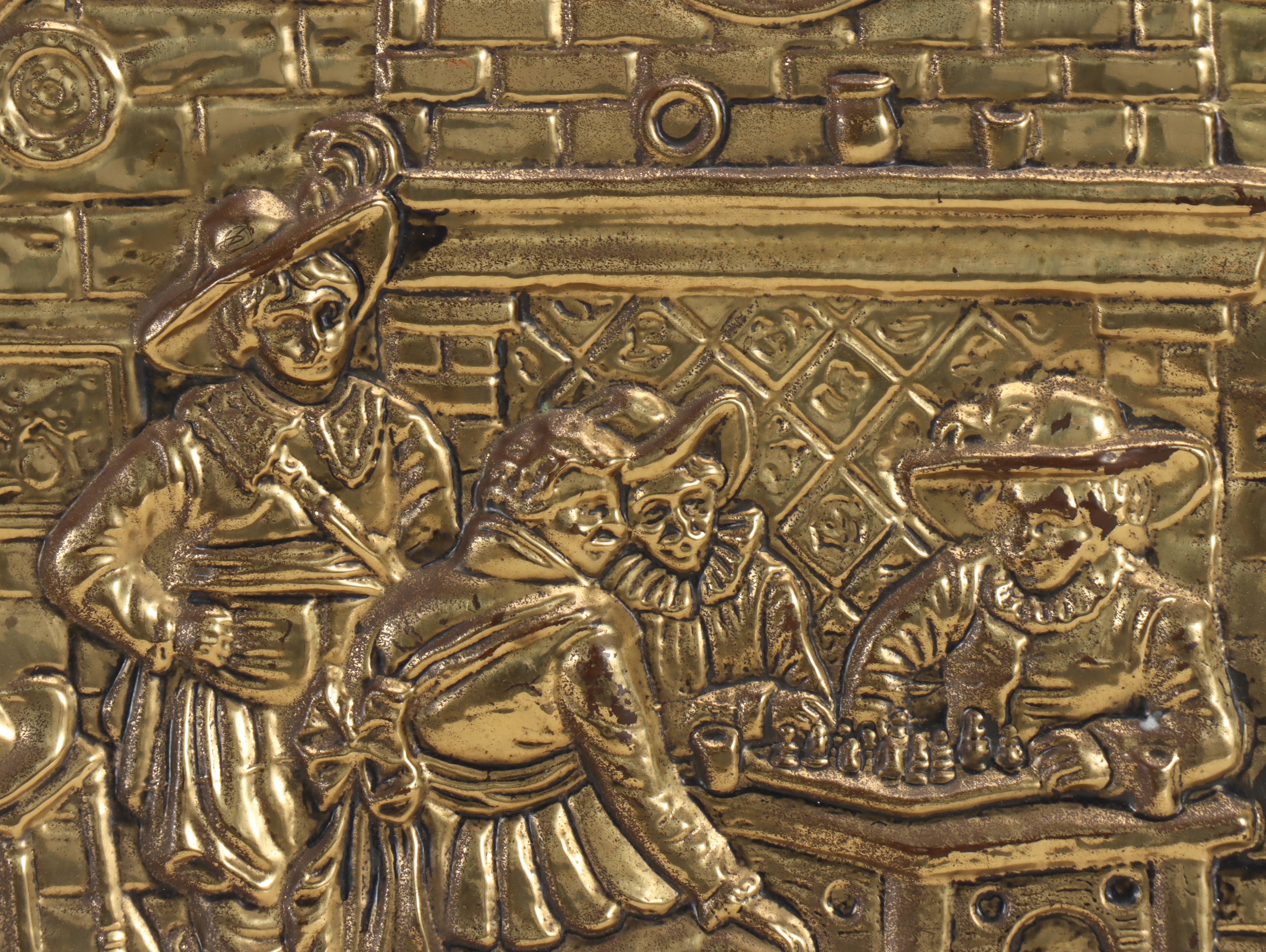 Genre Scene English Brass Finish Repoussé Wall Charger, Mid to Late 20th Century