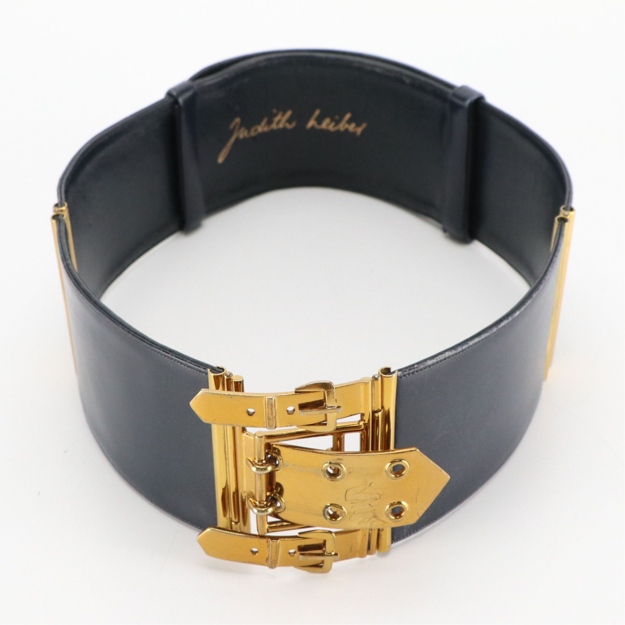 Judith Leiber Wide Leather and Metal Hinge Belt