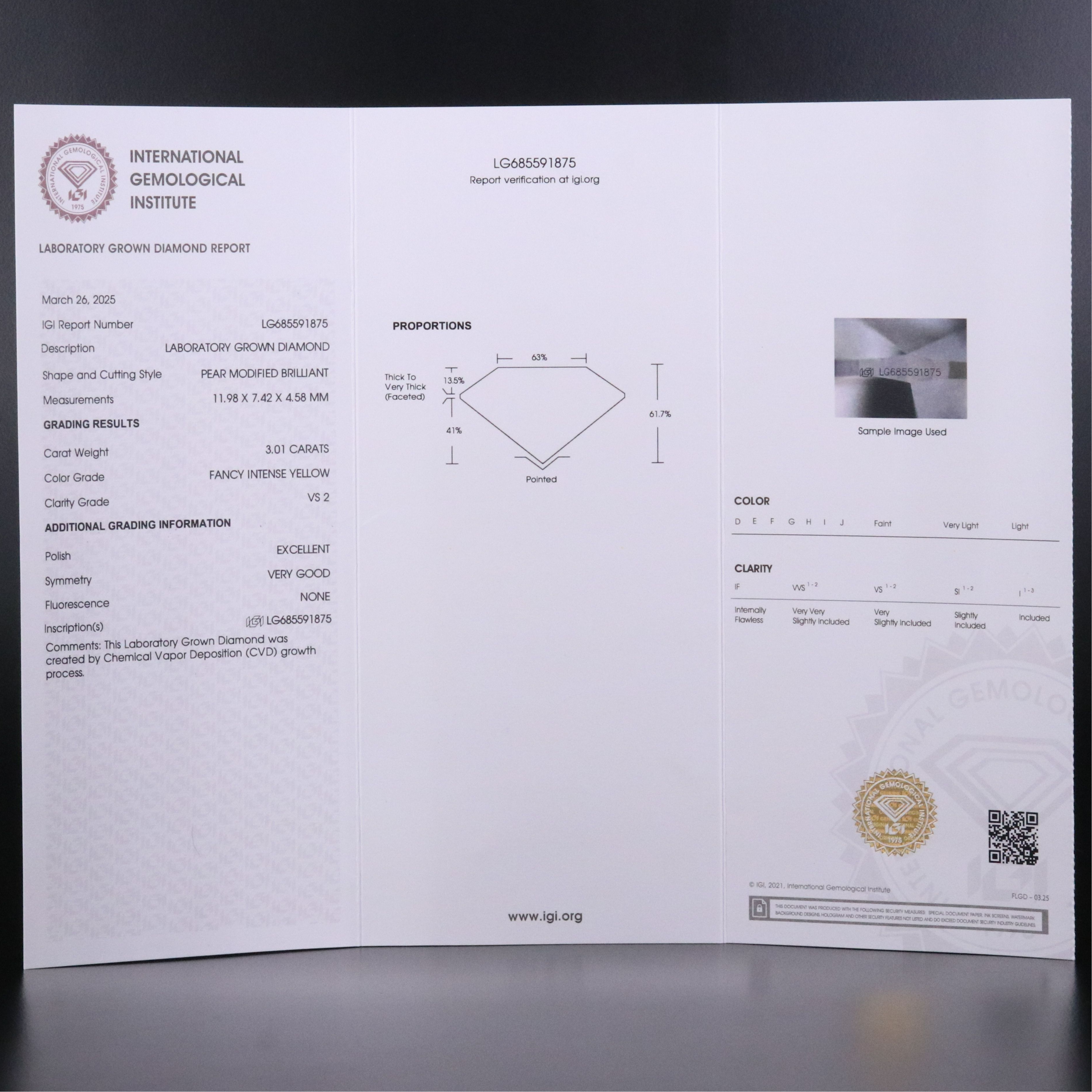 Platinum 3.01 Lab Grown Fancy Intense Yellow Diamond Ring with IGI Report