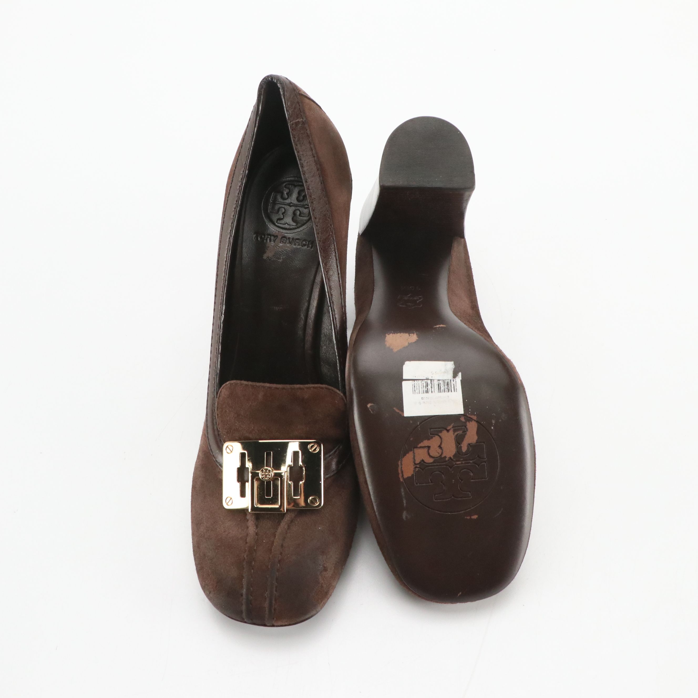 Tory Burch Howie Round-Toe Pumps in Chocolate Brown Suede and Leather Trim