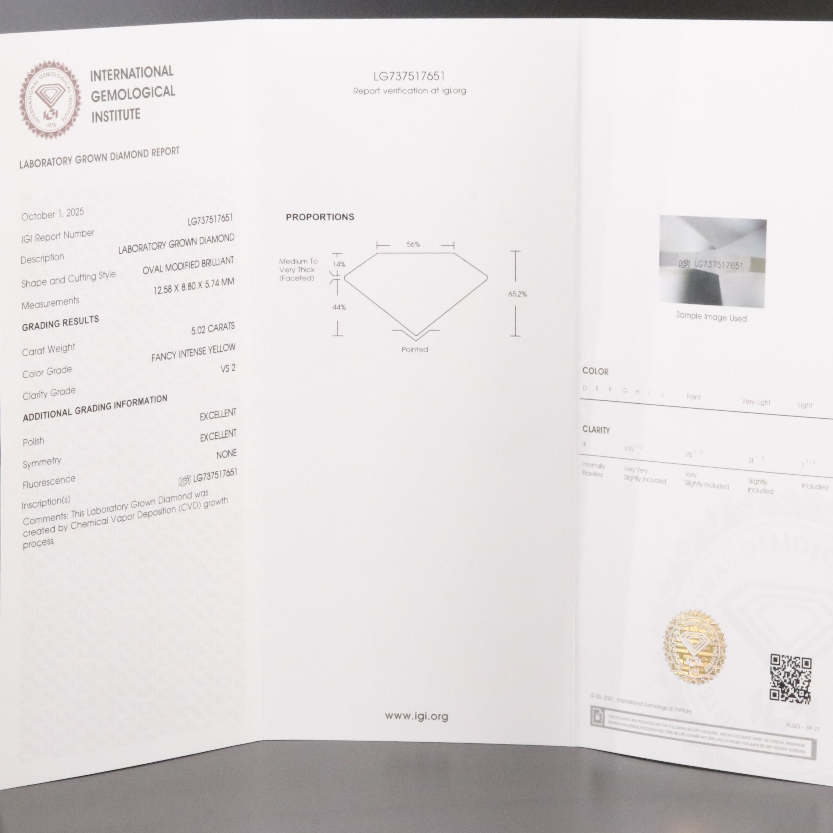 Platinum 5.02 CT Lab Grown Fancy Intense Yellow Diamond Ring with IGI Report