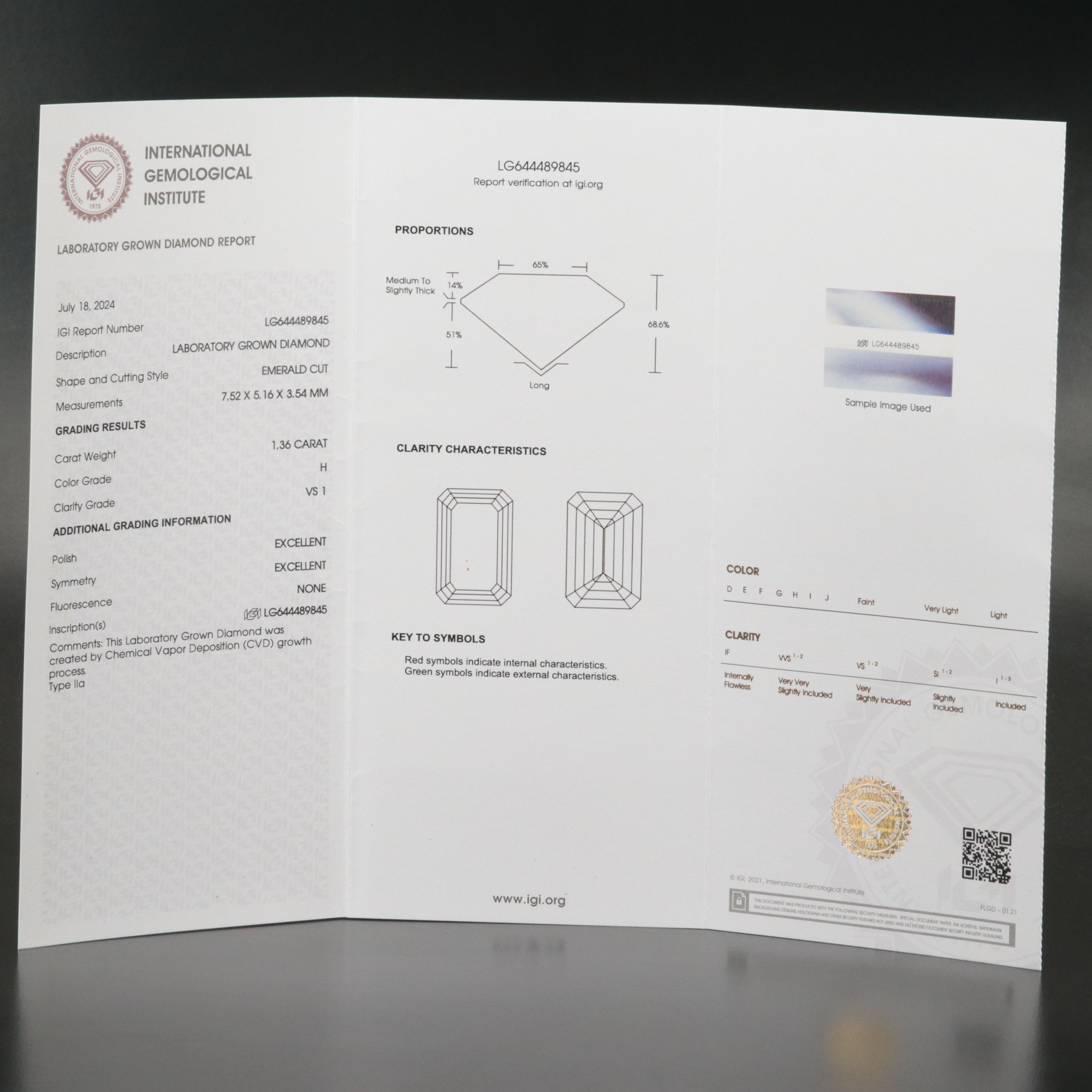 Loose 1.36 CT Lab Grown Diamond with IGI Report