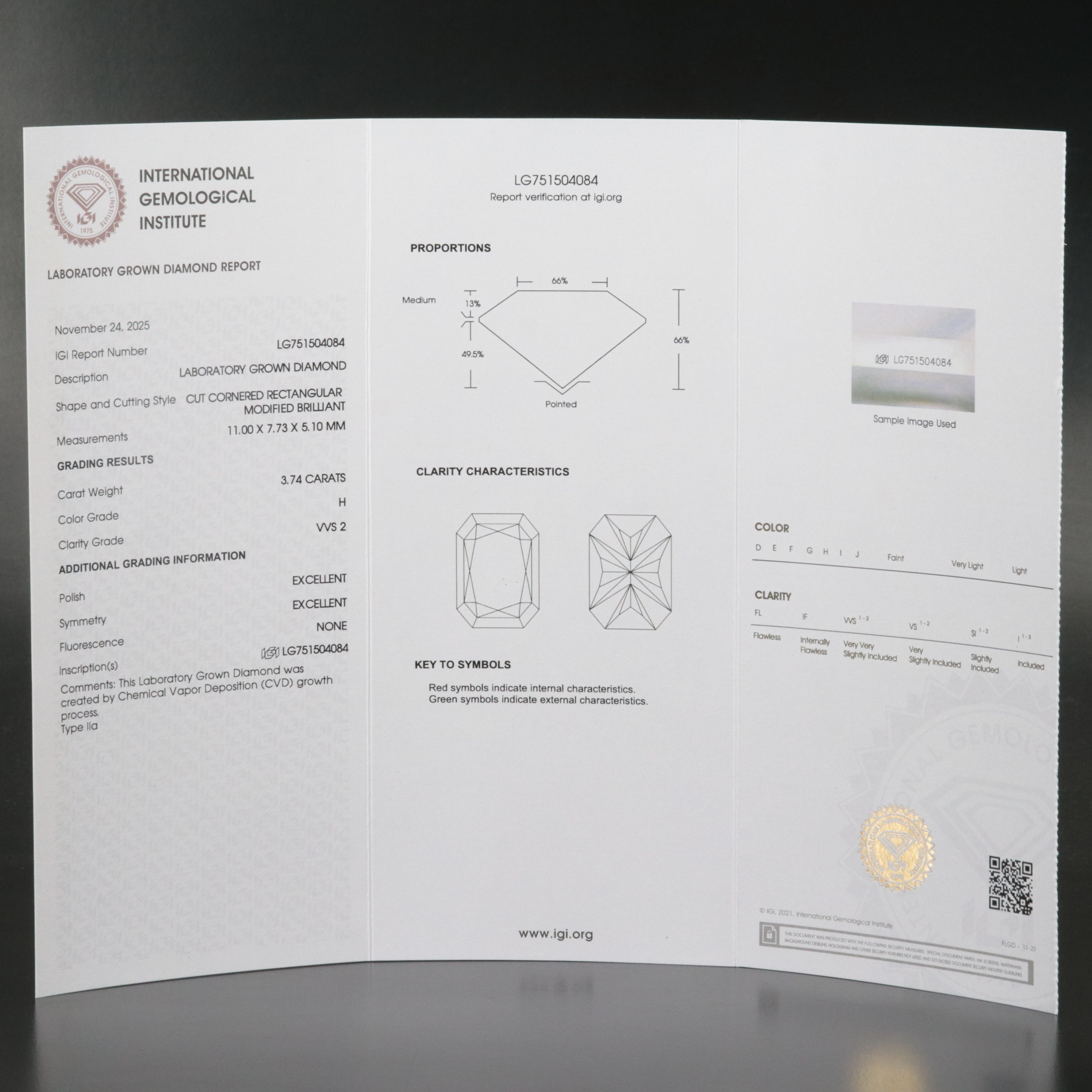 Loose 3.74 CT Lab Grown Diamond with IGI Report