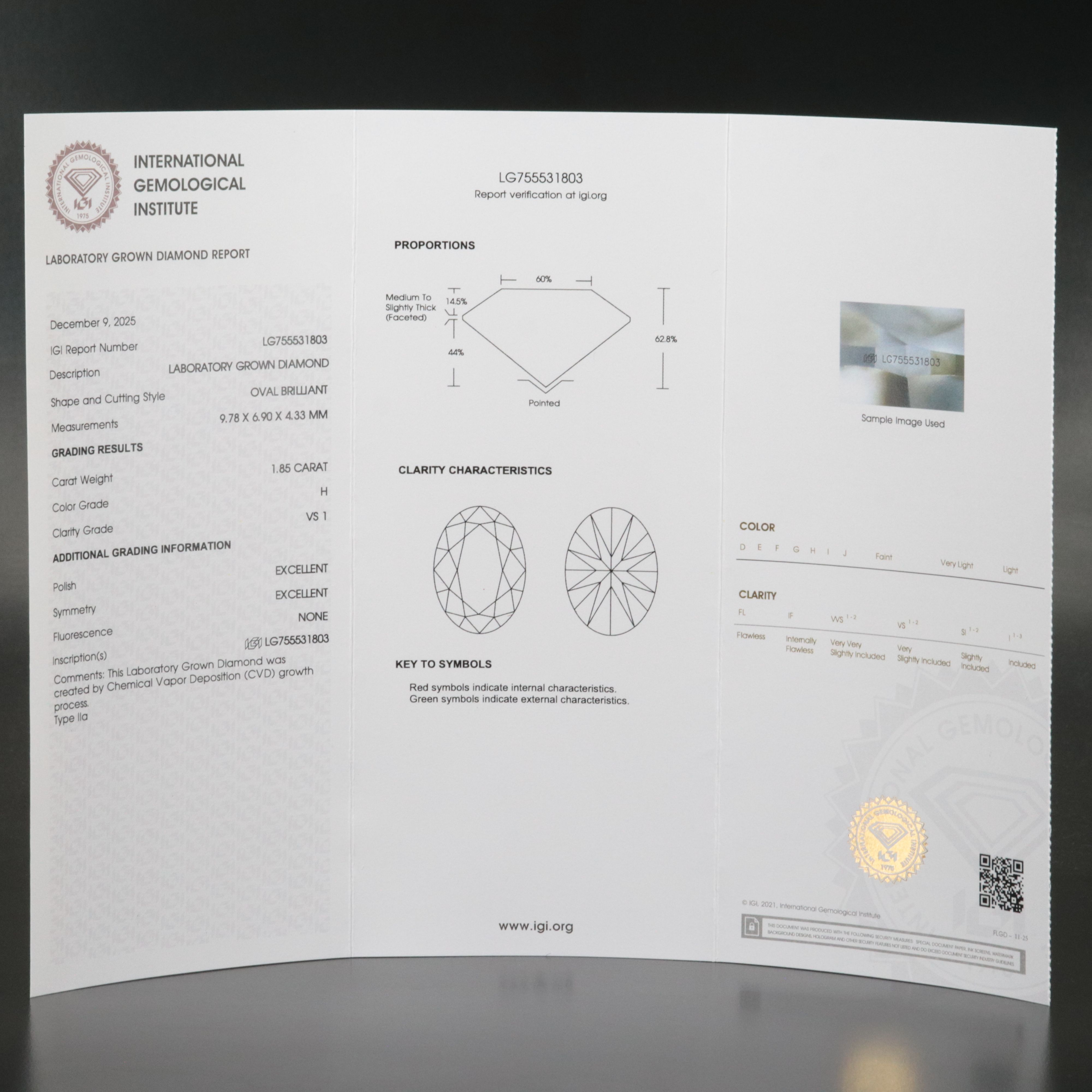 Loose 1.85 CT Lab Grown Diamond with IGI Report