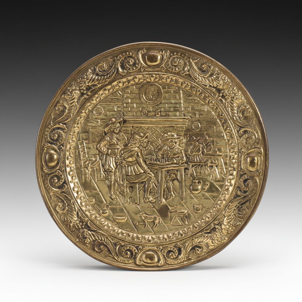 Genre Scene English Brass Finish Repoussé Wall Charger, Mid to Late 20th Century