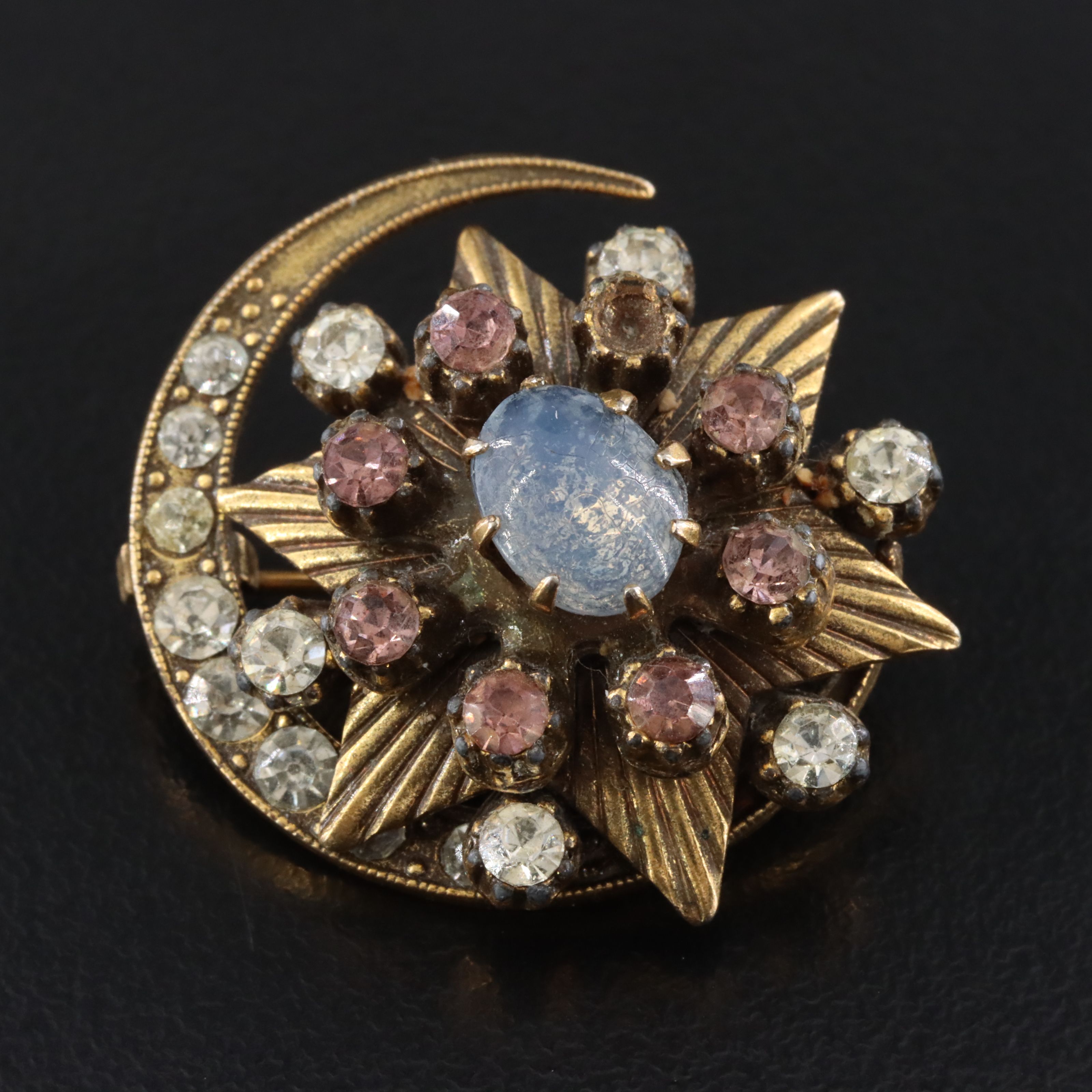 Rhinestone Moon and Star Brooch