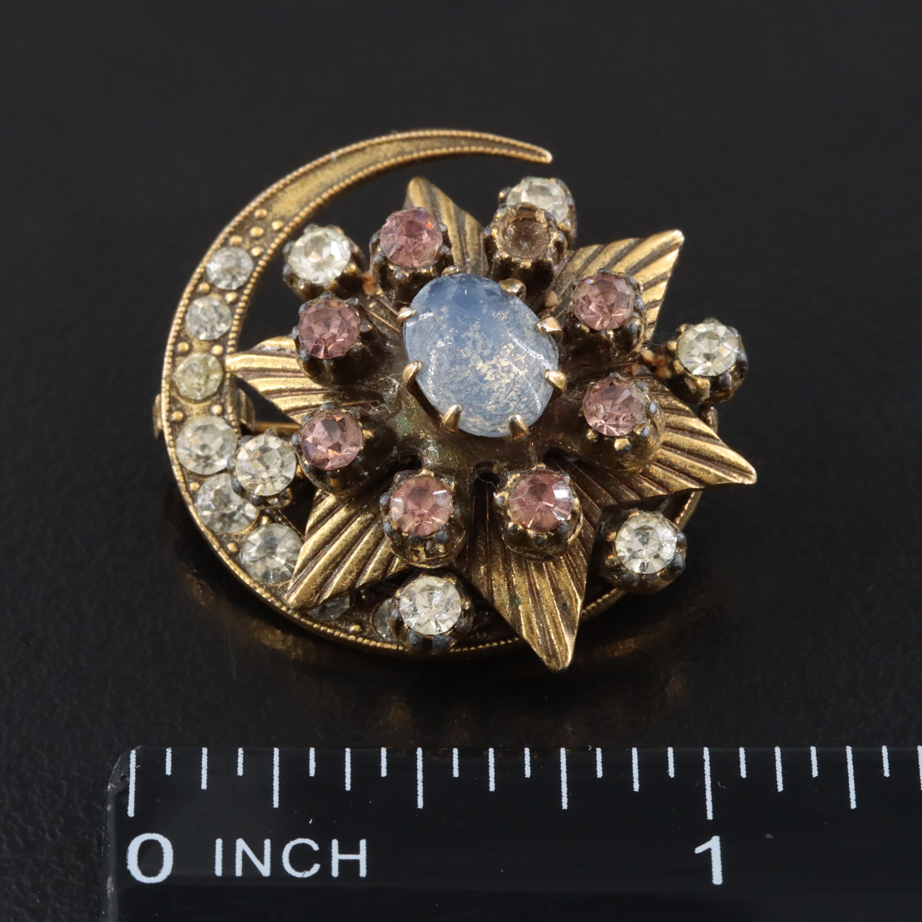 Rhinestone Moon and Star Brooch