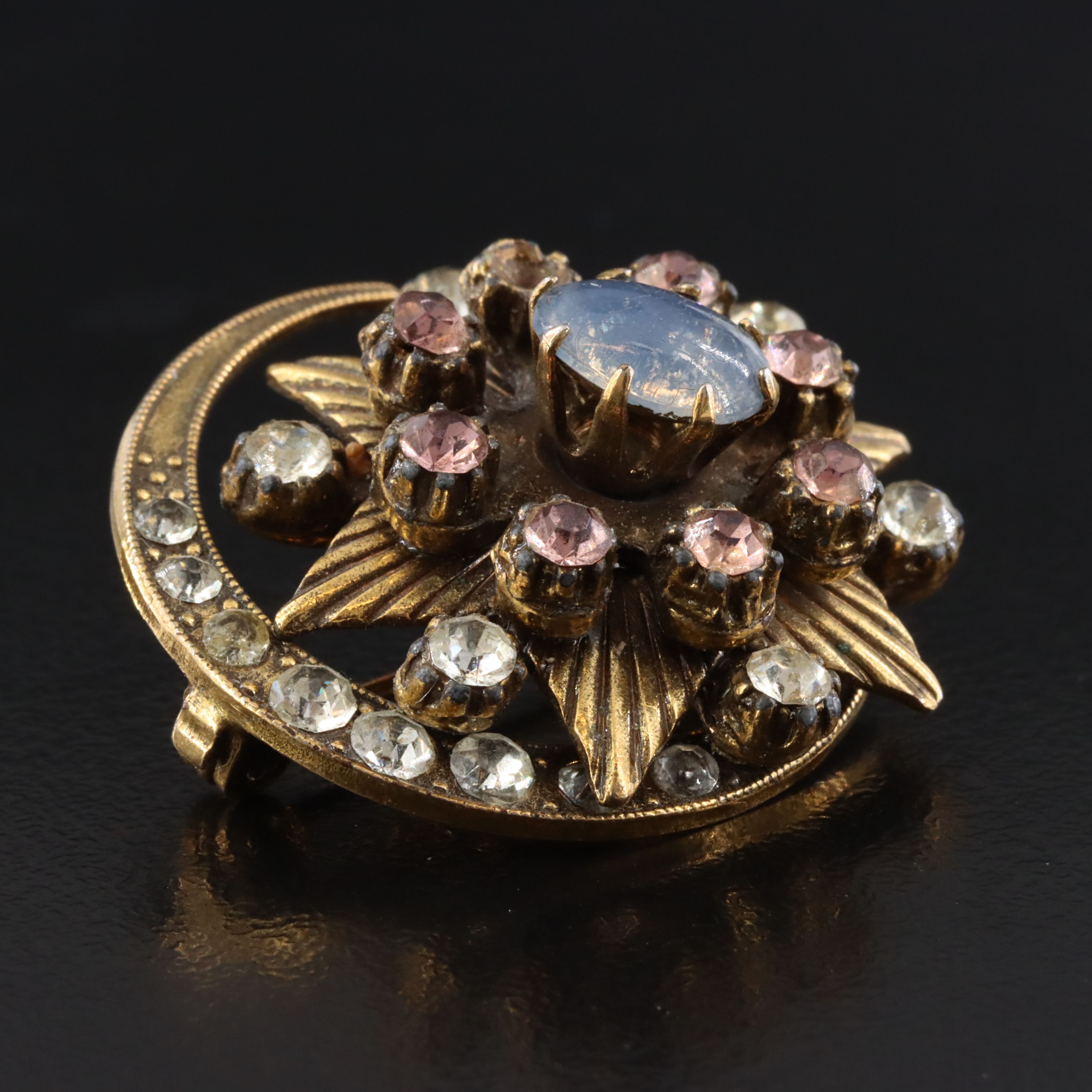 Rhinestone Moon and Star Brooch