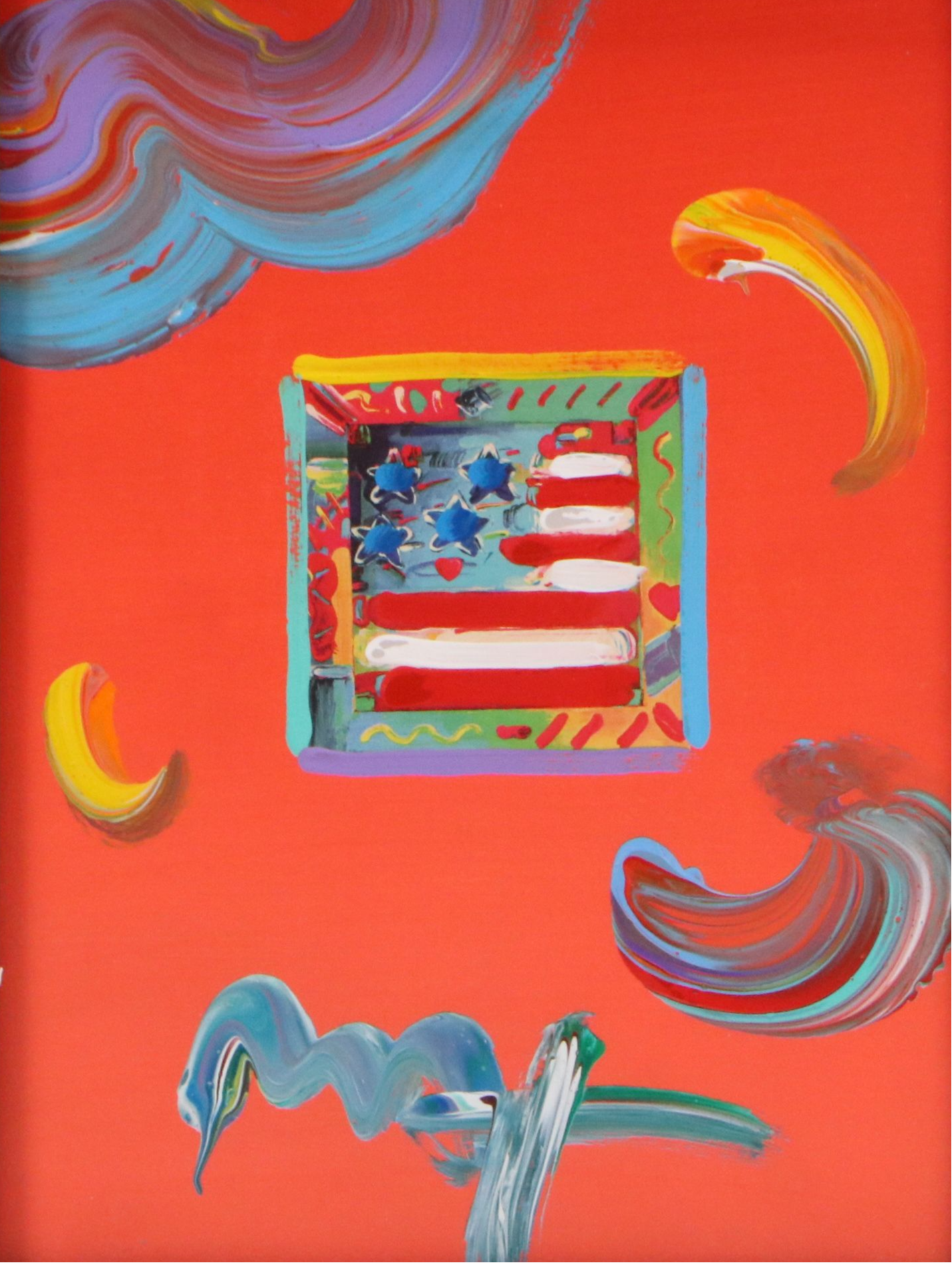 Peter Max Mixed Media Painting "Flag with Heart," 2009