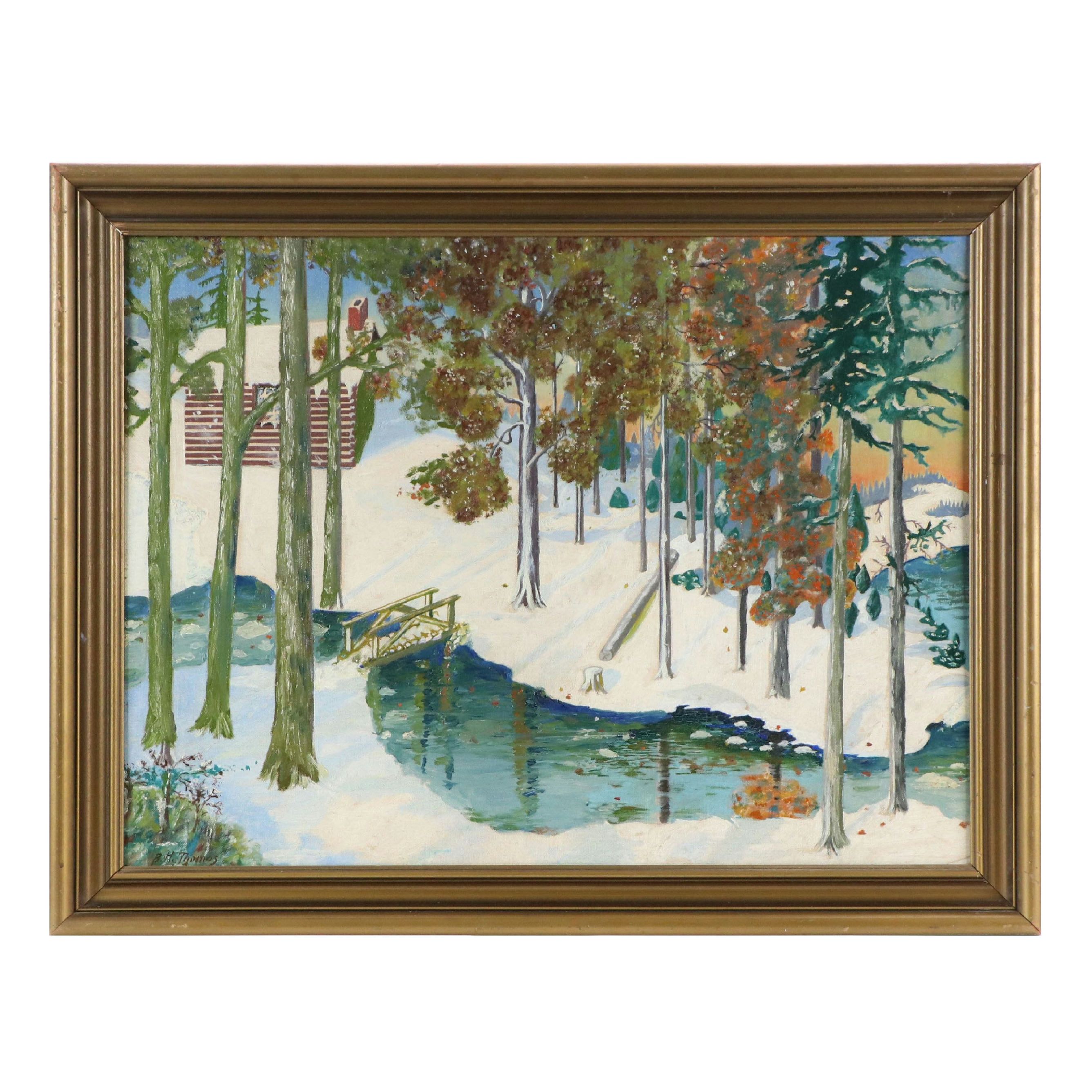 Oil Painting of Wintertime Forest, Mid to Late 20th Century