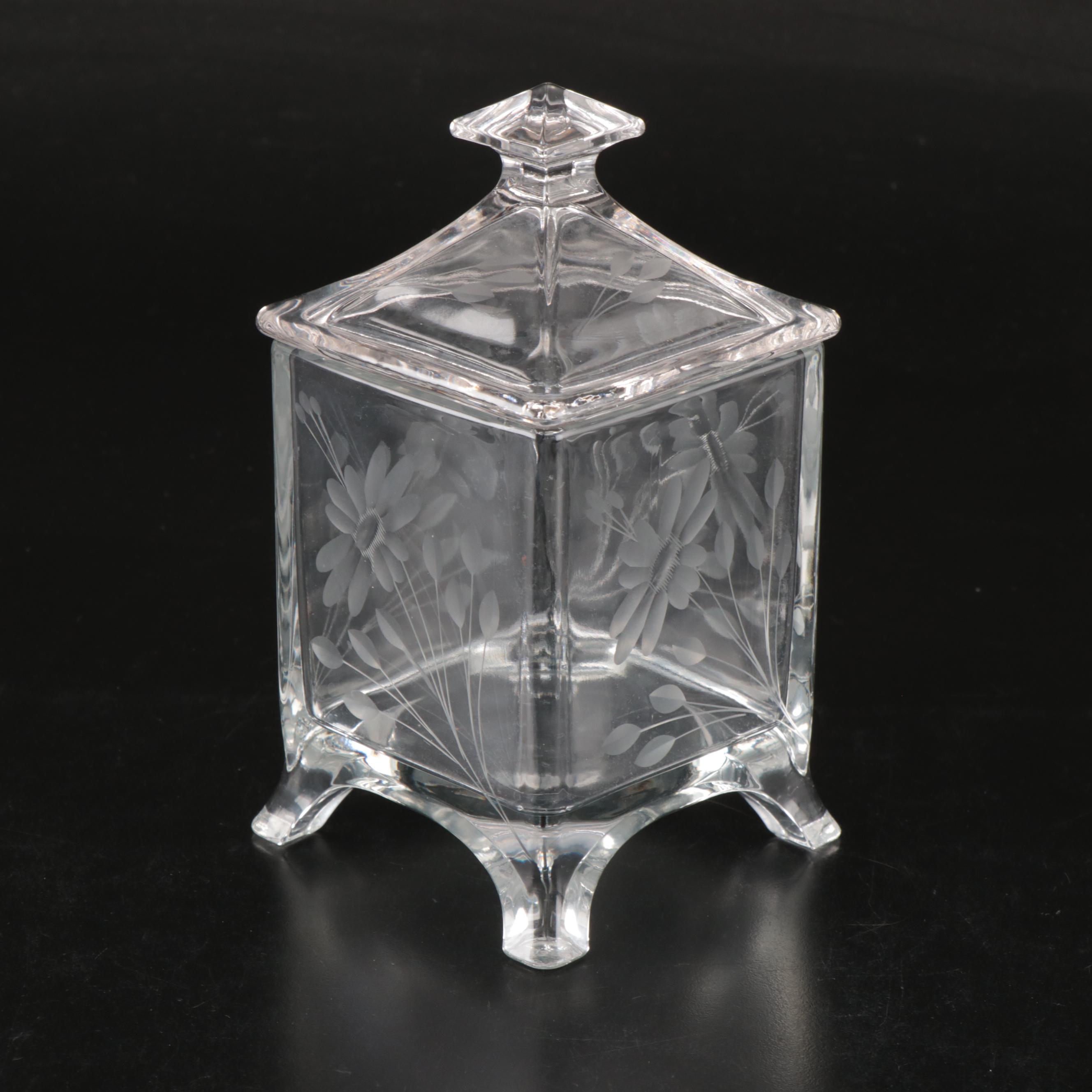 Floral Etched Glass Ashtray and Ladies' Footed Cigarette Box