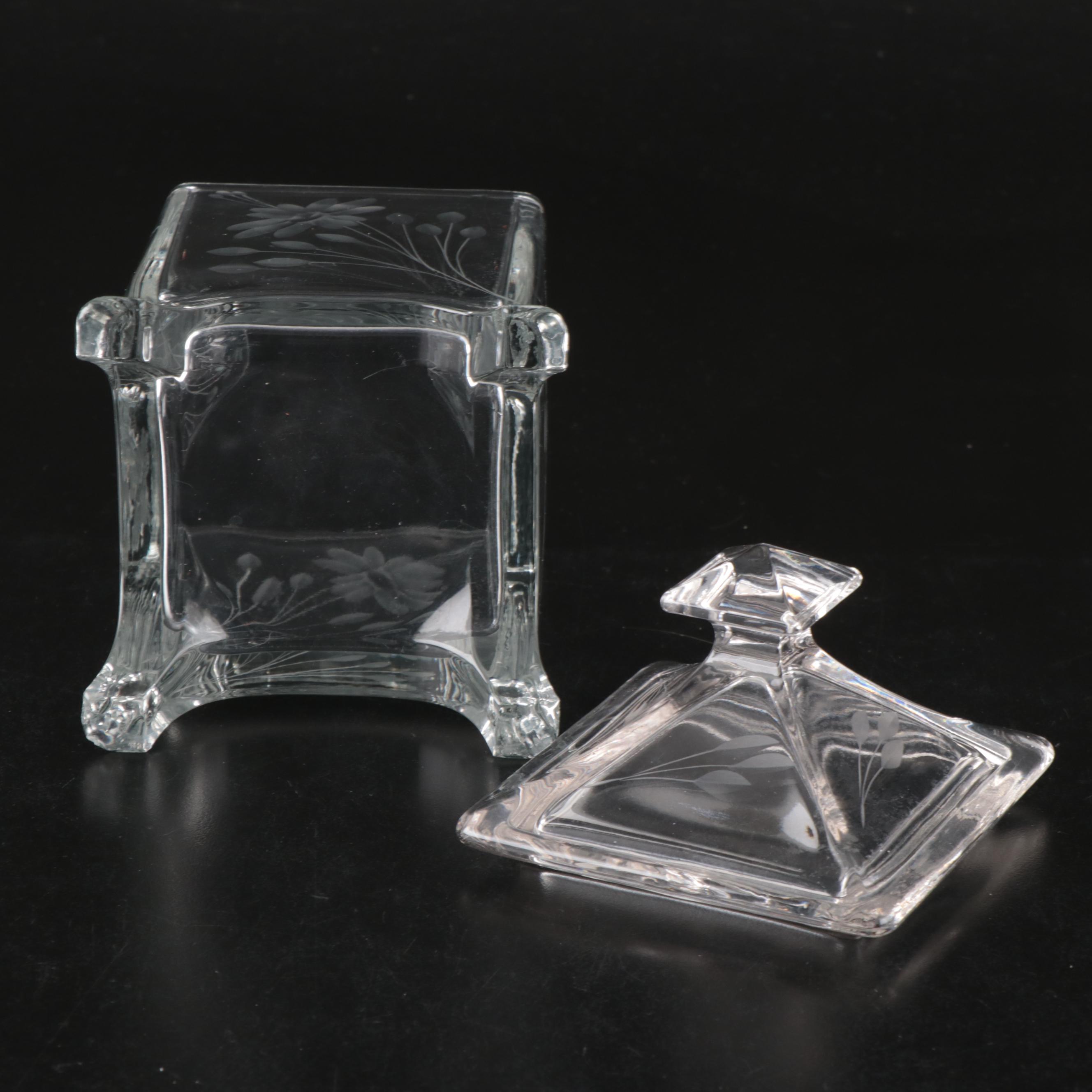 Floral Etched Glass Ashtray and Ladies' Footed Cigarette Box