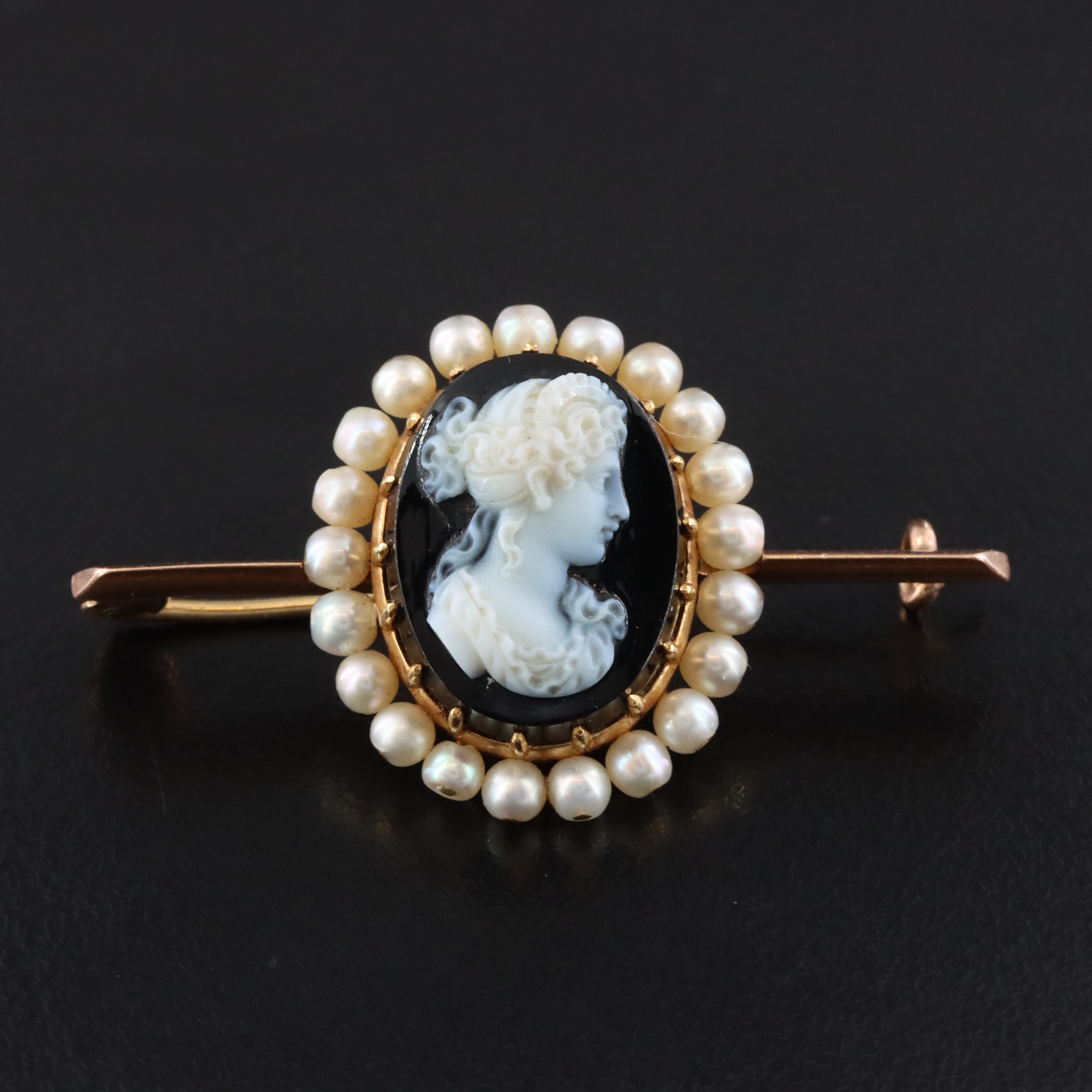 Antique 14K Onyx and Seed Pearl Cameo Bar Brooch