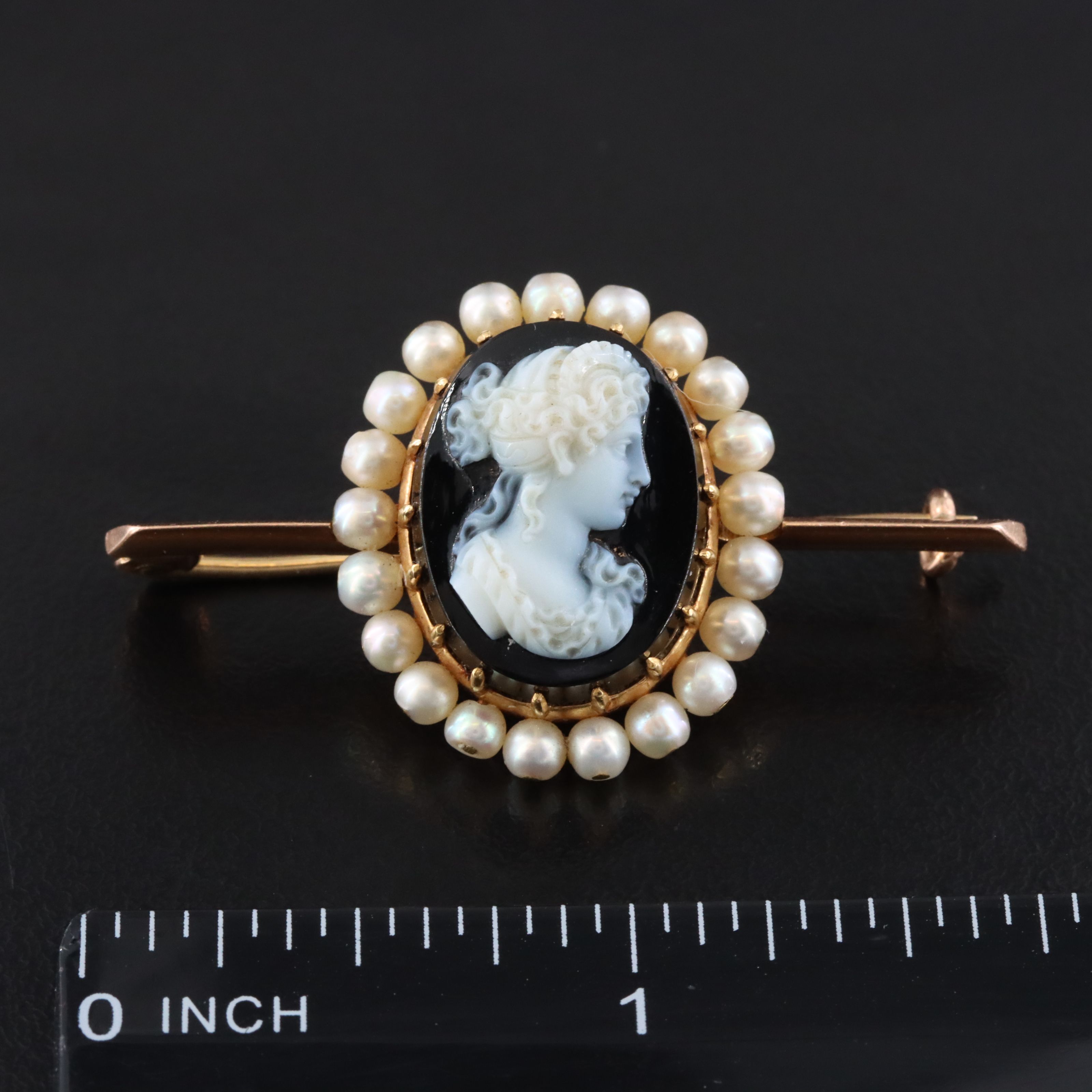 Antique 14K Onyx and Seed Pearl Cameo Bar Brooch