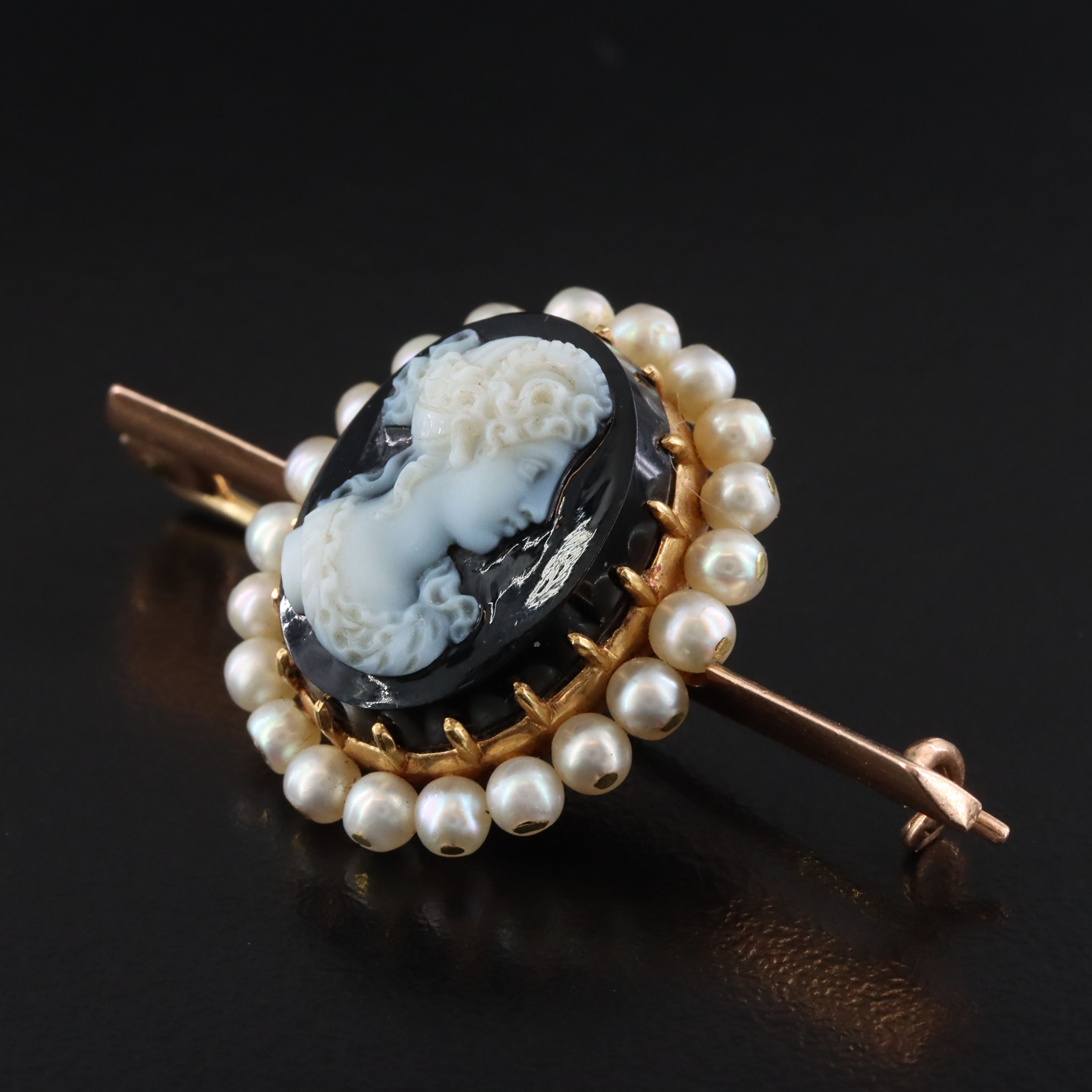 Antique 14K Onyx and Seed Pearl Cameo Bar Brooch