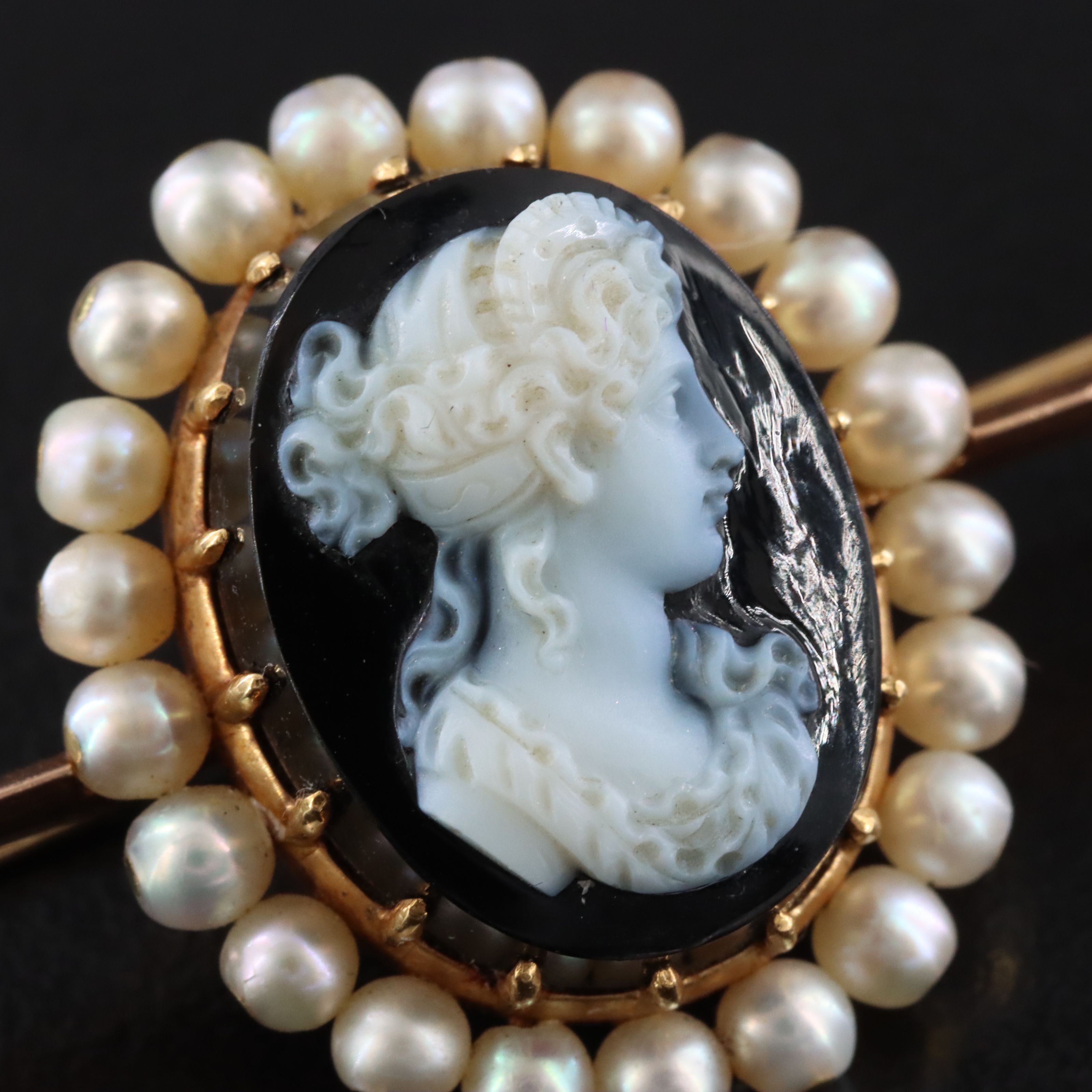 Antique 14K Onyx and Seed Pearl Cameo Bar Brooch