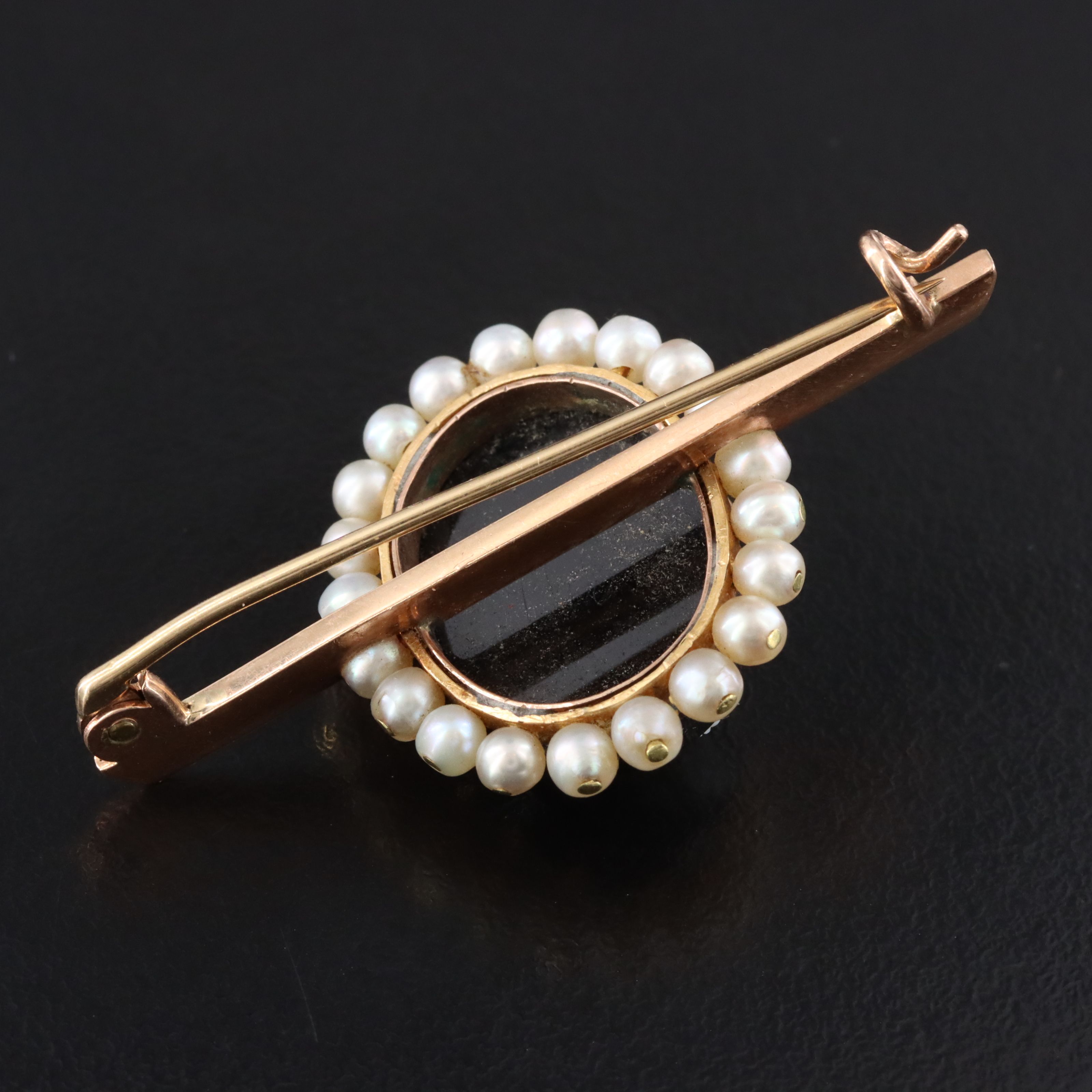 Antique 14K Onyx and Seed Pearl Cameo Bar Brooch