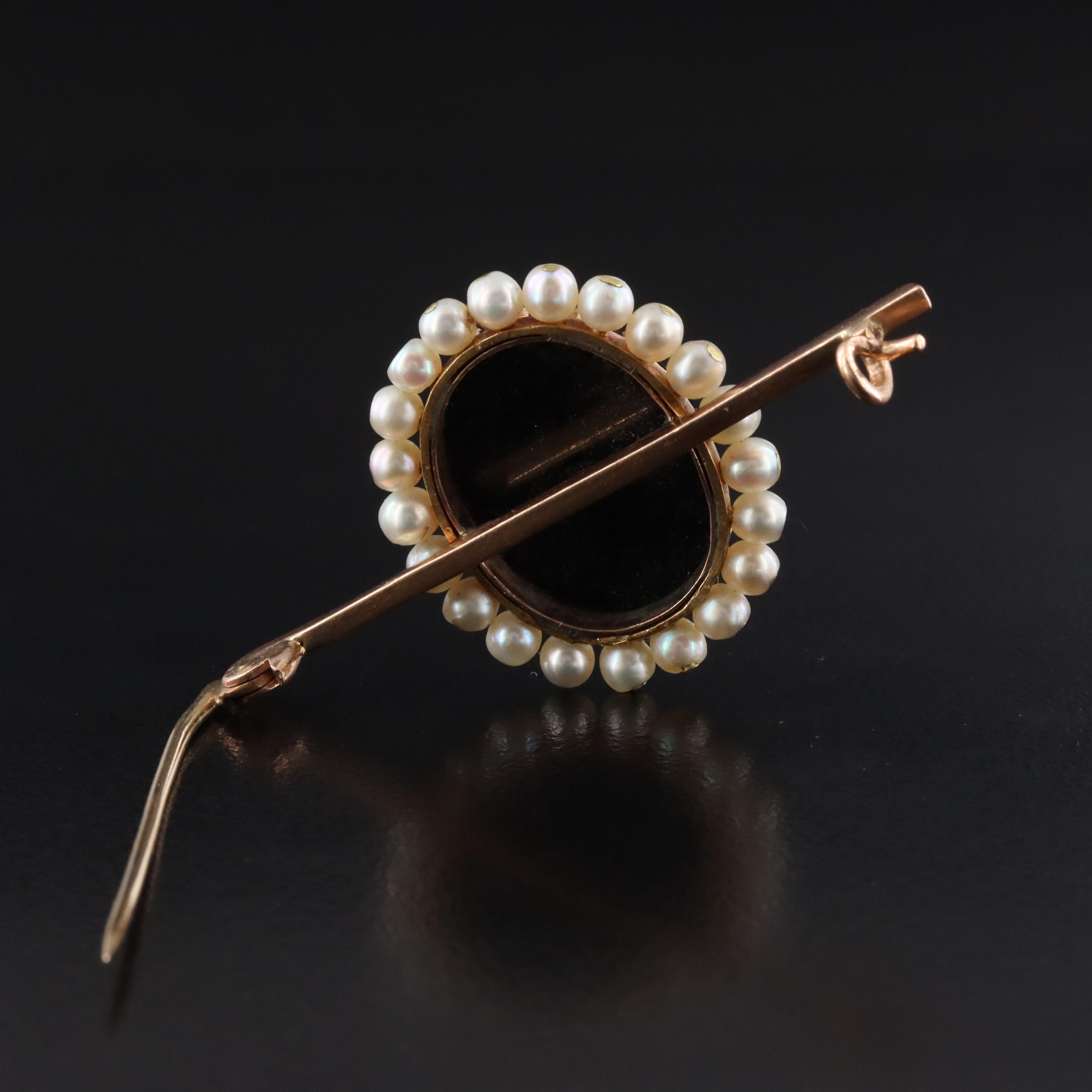 Antique 14K Onyx and Seed Pearl Cameo Bar Brooch