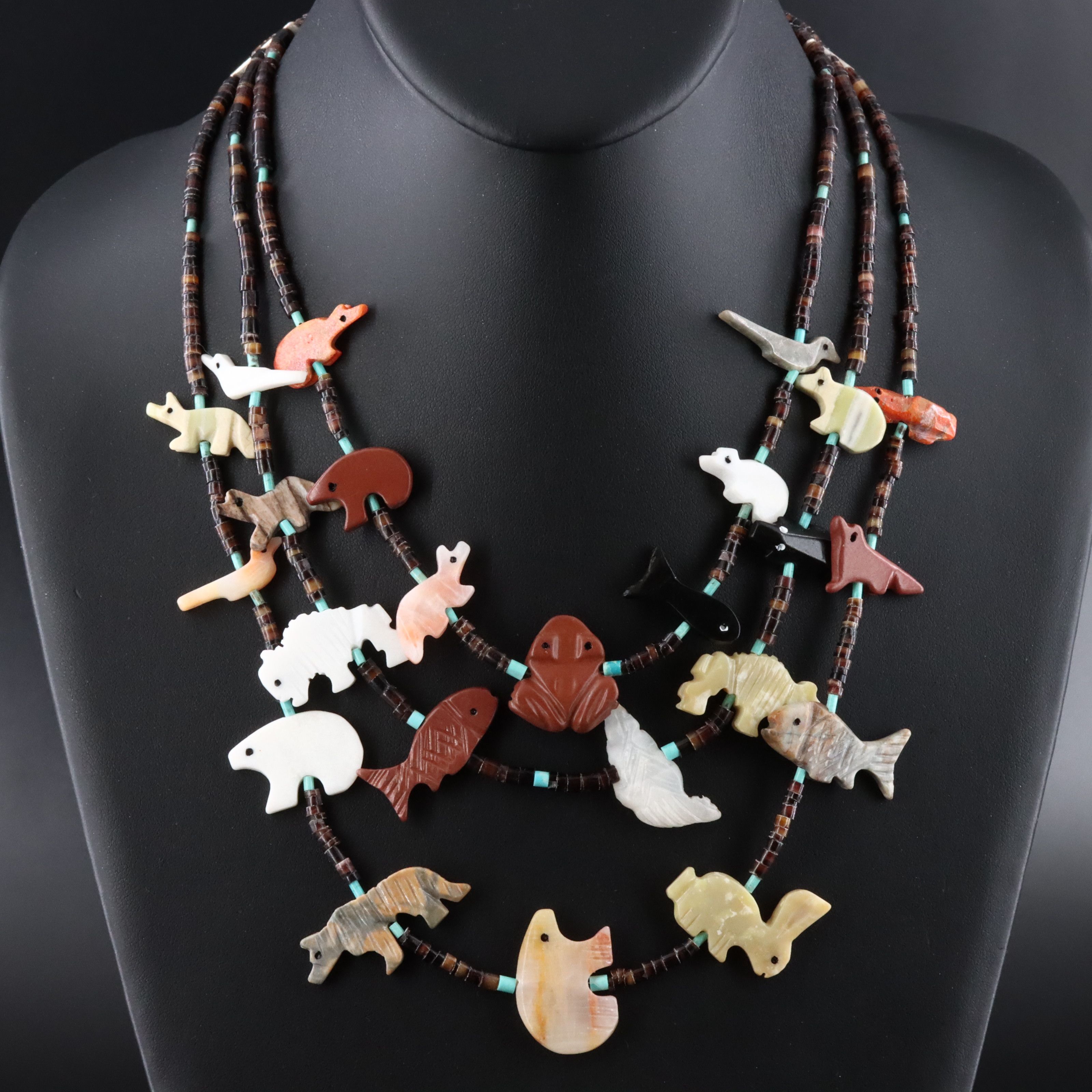 Running Bear Shop Sterling Fetish Necklace Featuring Coral, Catlinite and Shell