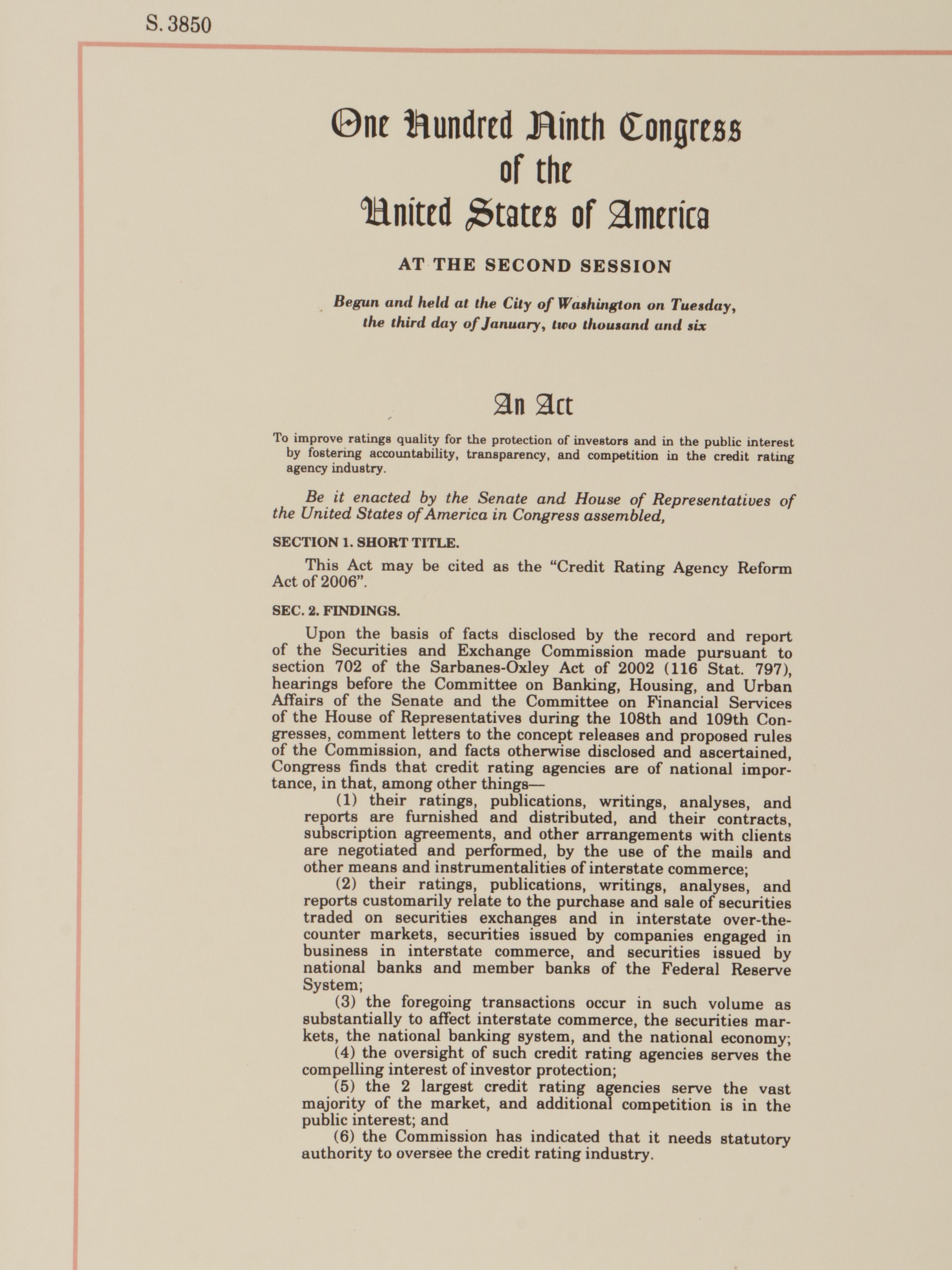 Copy of U.S. Congress Document "Credit Rating Agency Reform Act of 2006"