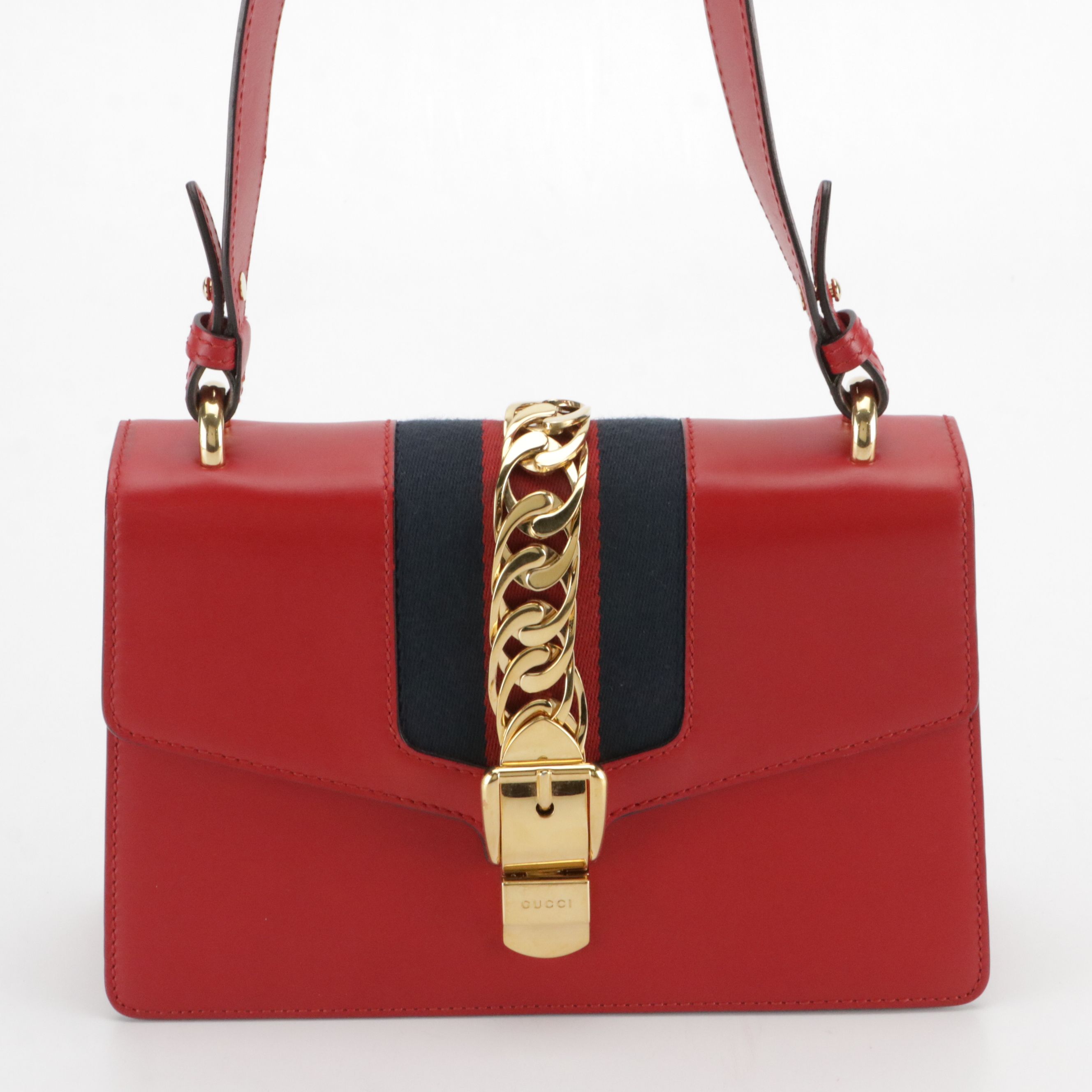 Gucci Medium Sylvie Shoulder Bag in Web Striped Red Calfskin Leather