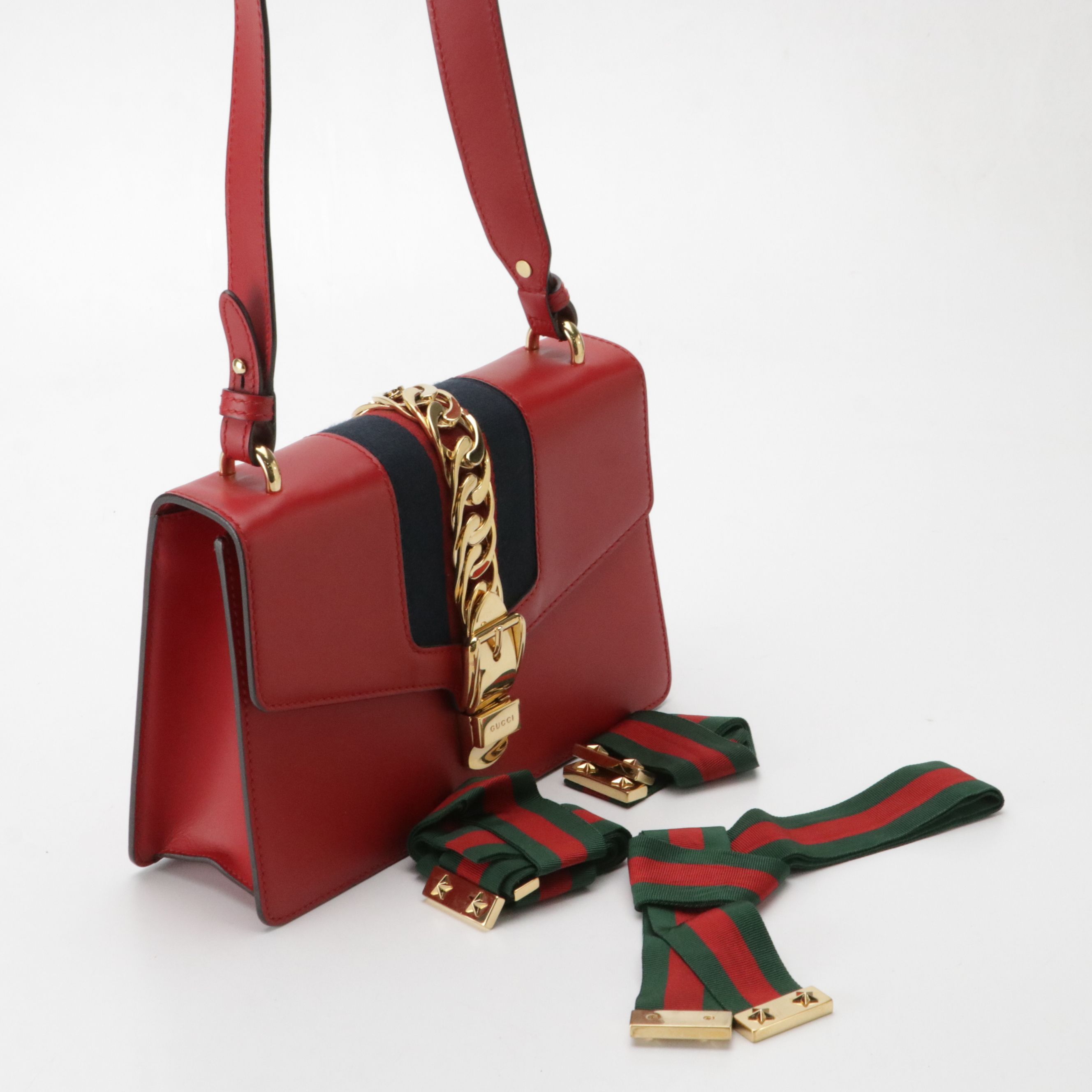Gucci Medium Sylvie Shoulder Bag in Web Striped Red Calfskin Leather