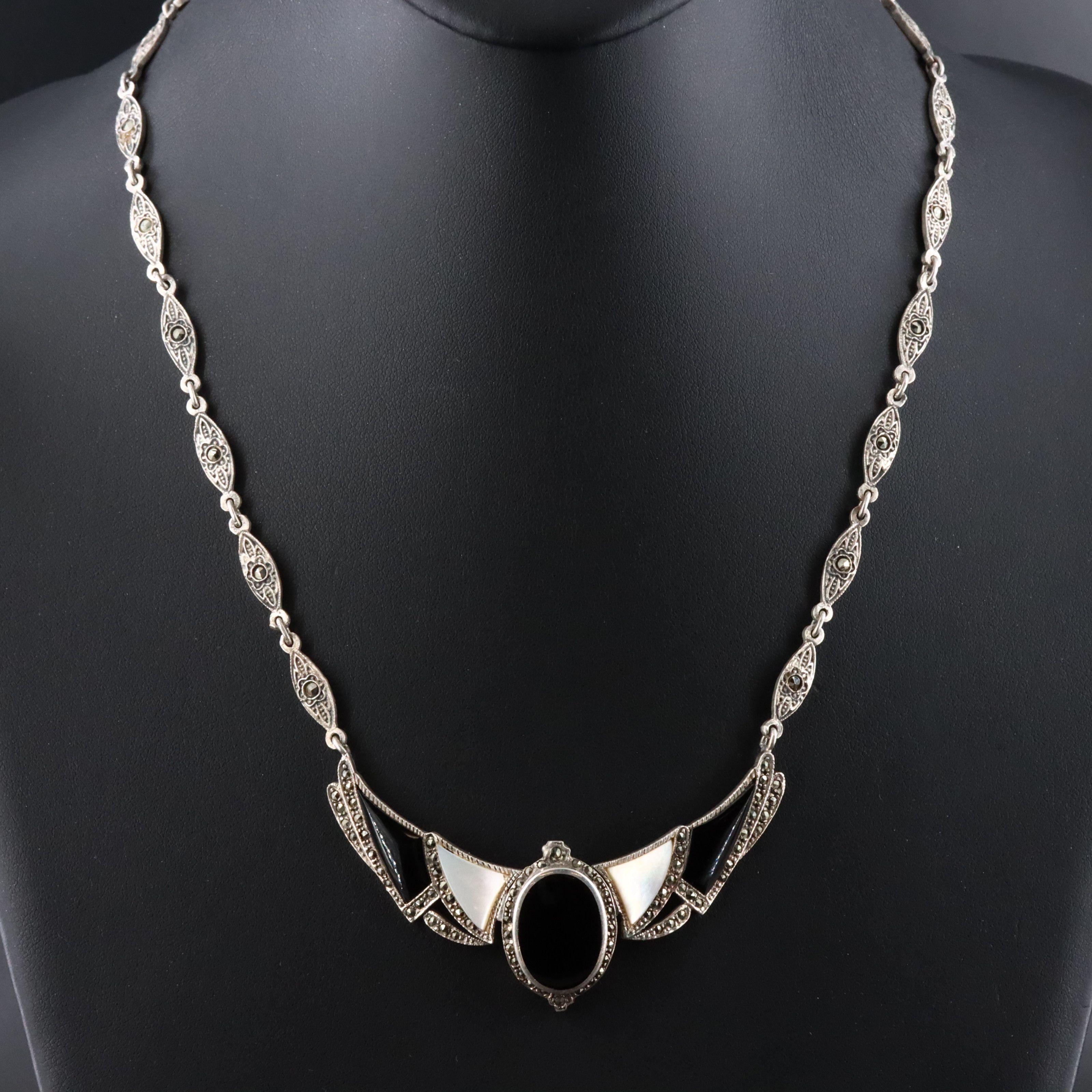 Art Deco Style Sterling Black Onyx, Mother-of-Pearl and Marcasite Necklace