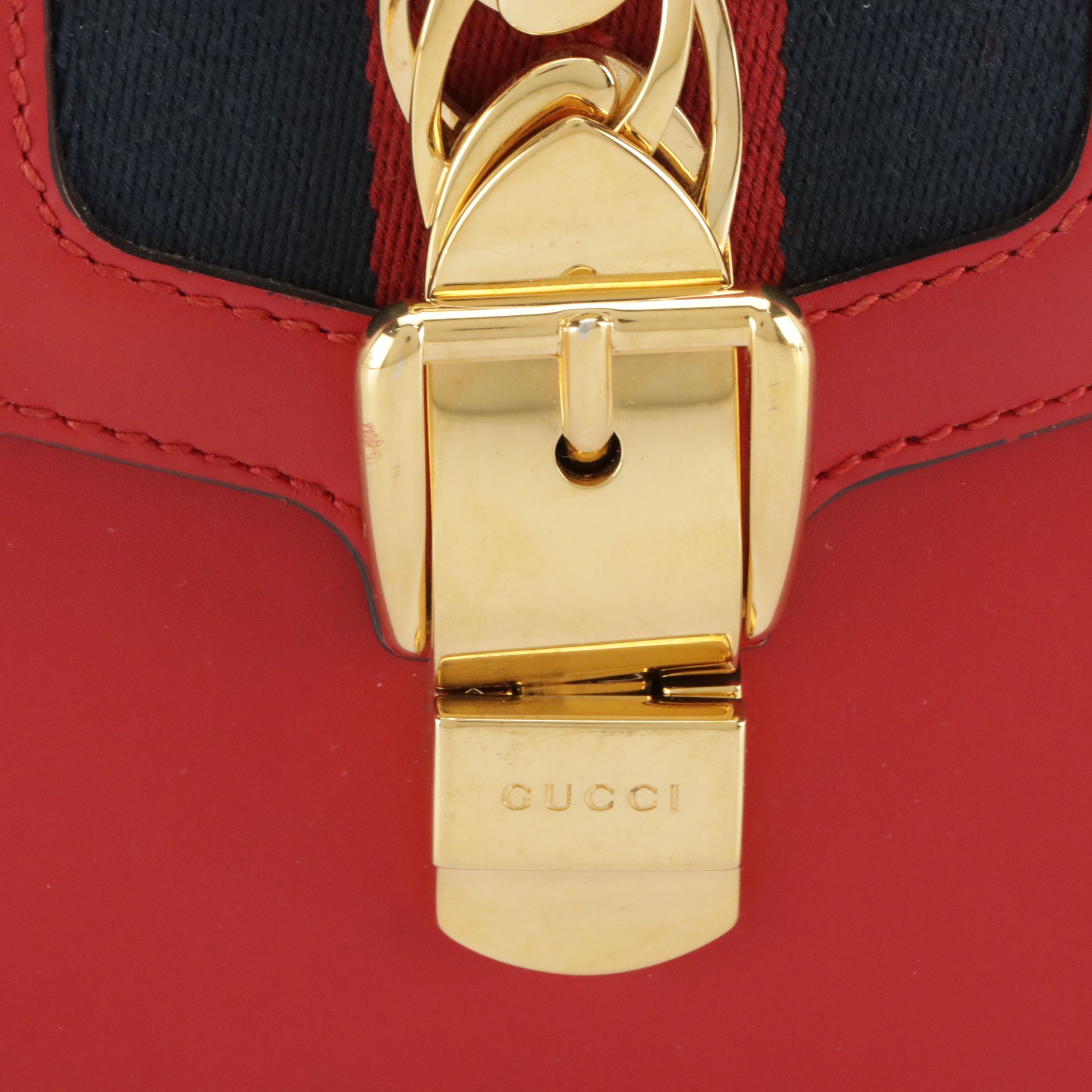Gucci Medium Sylvie Shoulder Bag in Web Striped Red Calfskin Leather