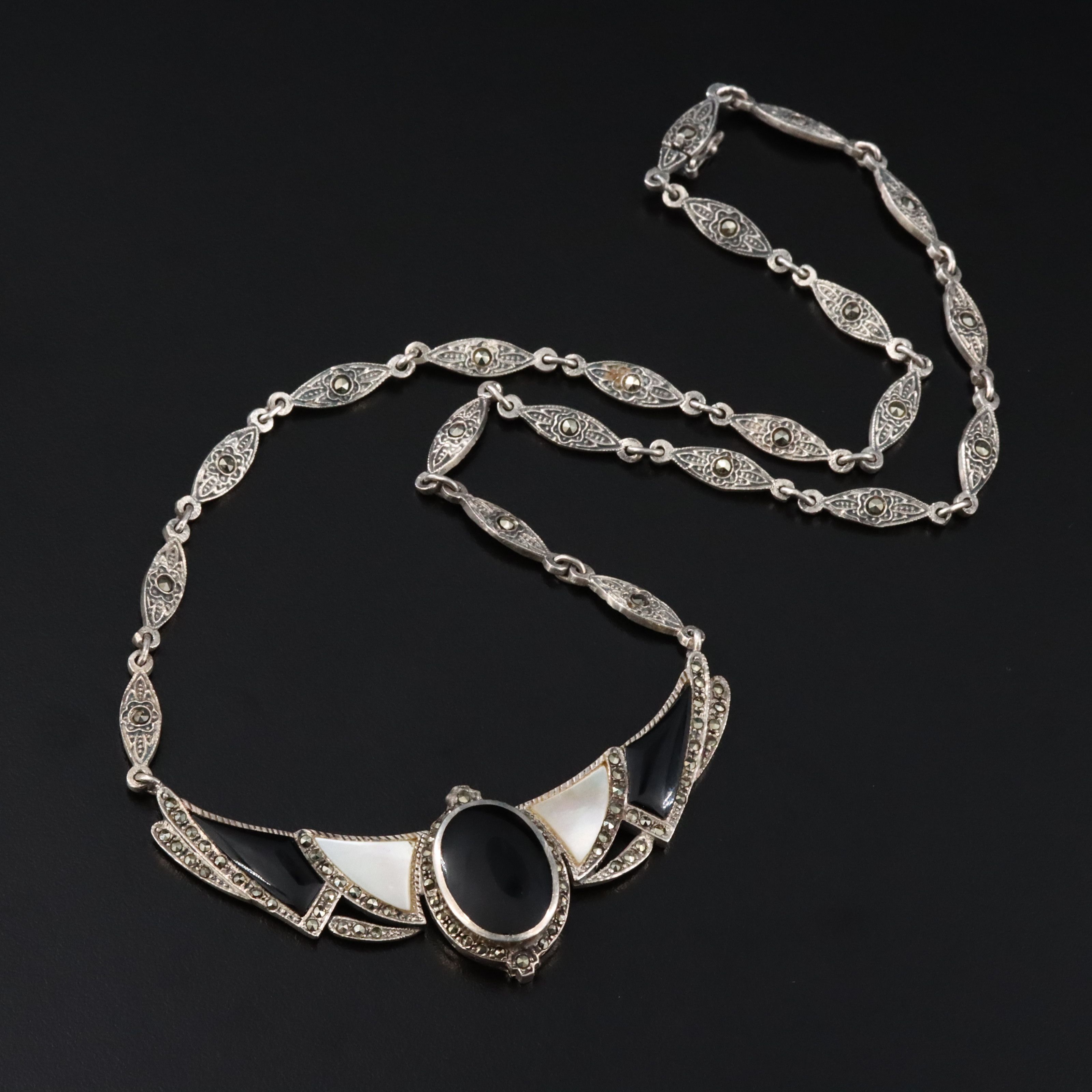 Art Deco Style Sterling Black Onyx, Mother-of-Pearl and Marcasite Necklace