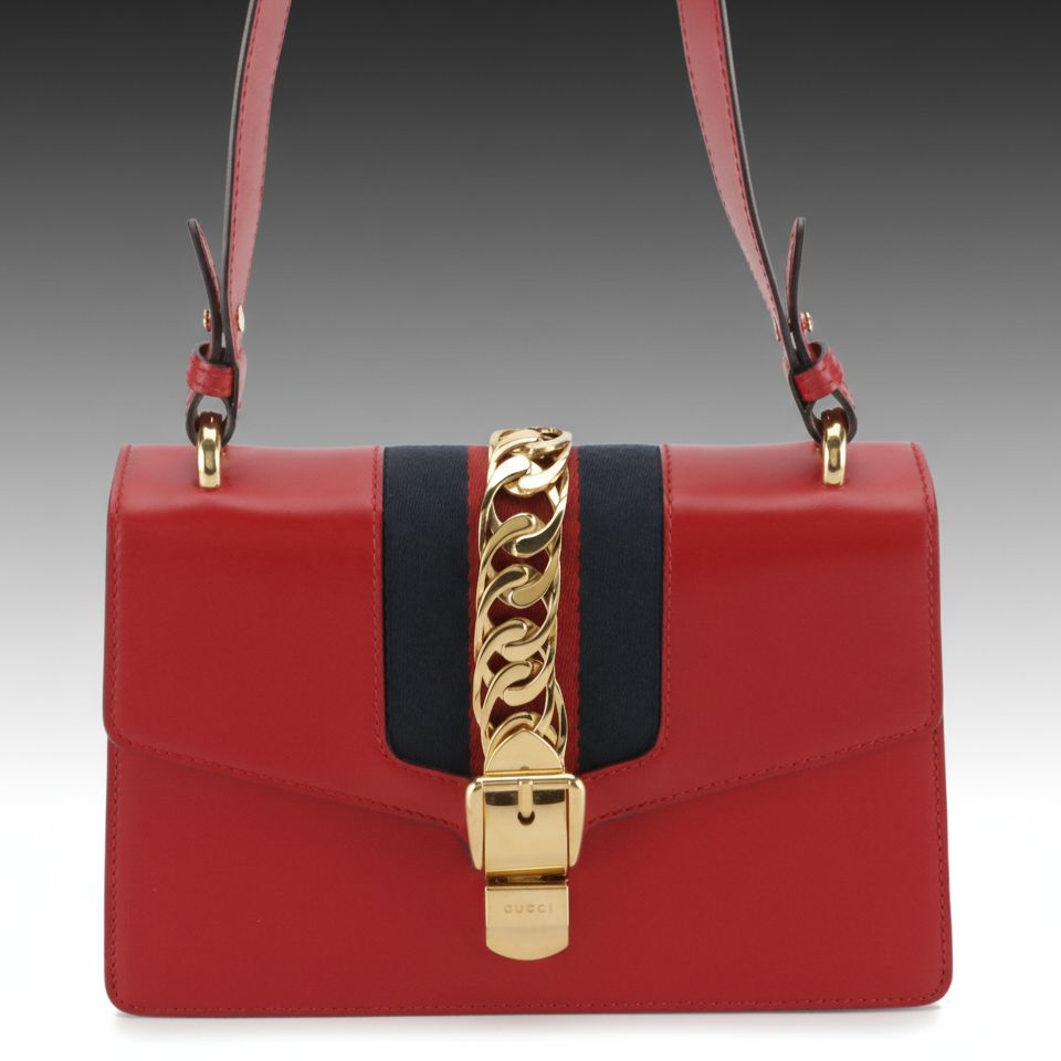 Gucci Medium Sylvie Shoulder Bag in Web Striped Red Calfskin Leather