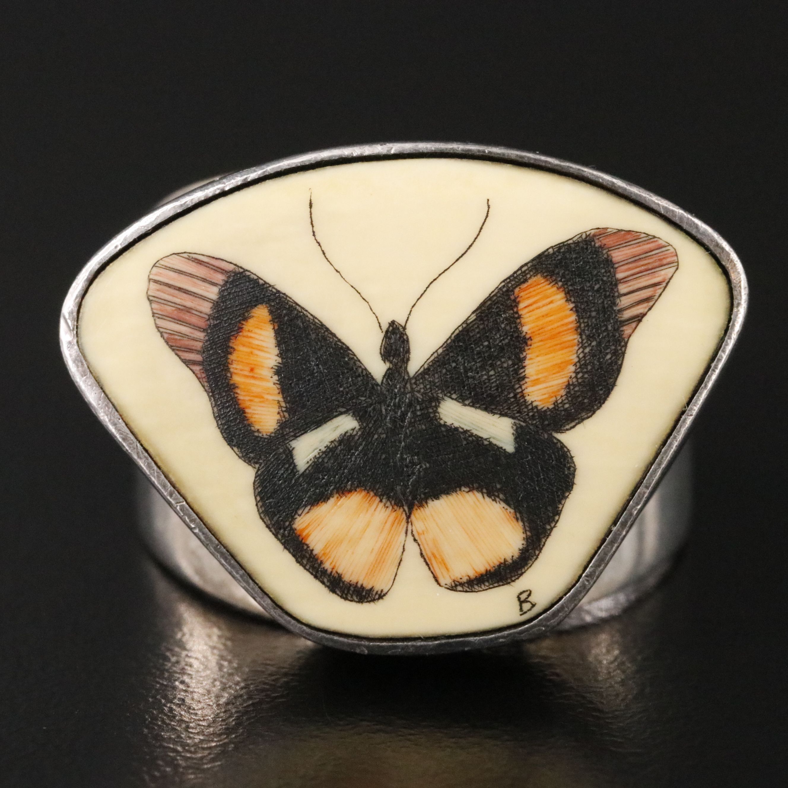 Signed Scrimshaw Butterfly Ring