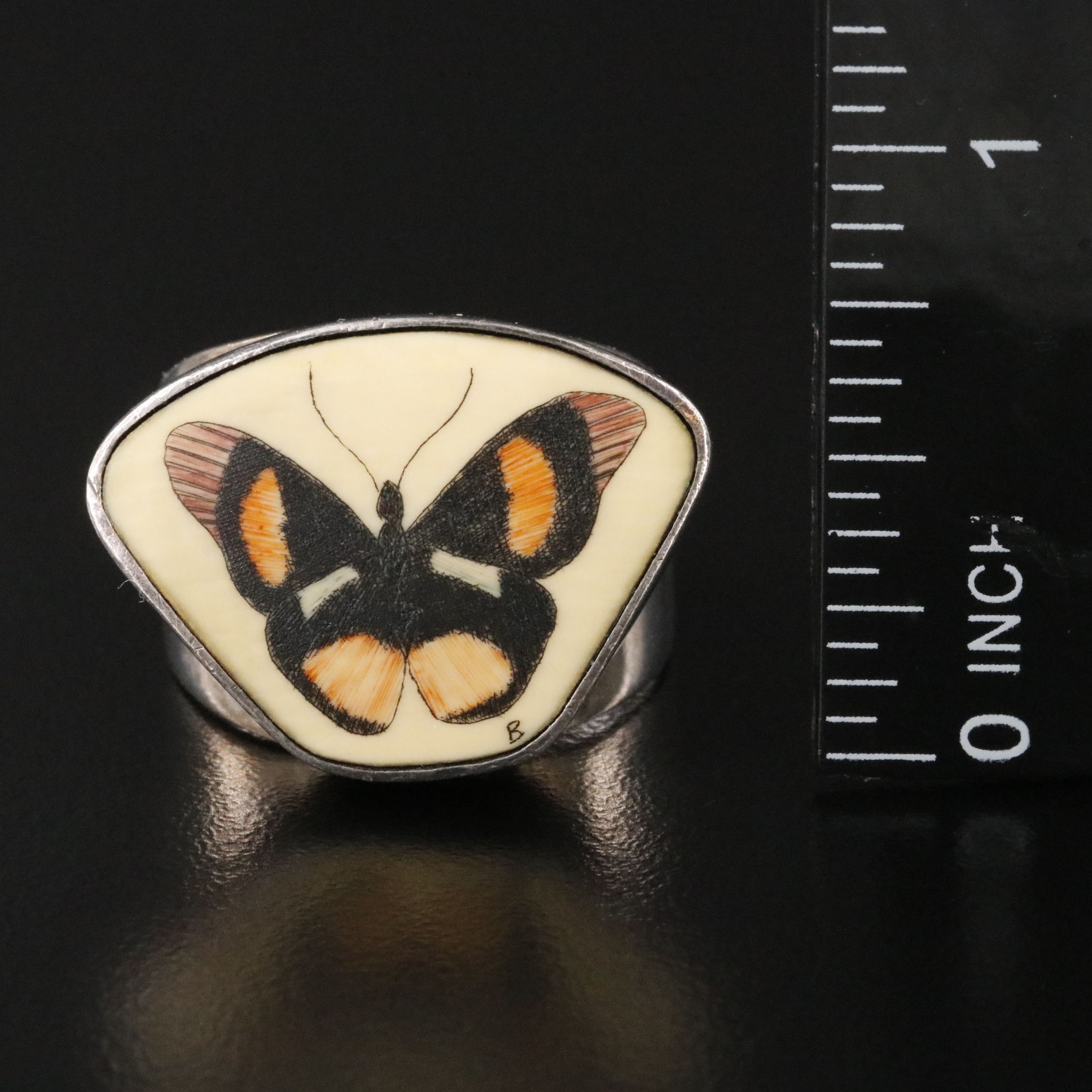 Signed Scrimshaw Butterfly Ring