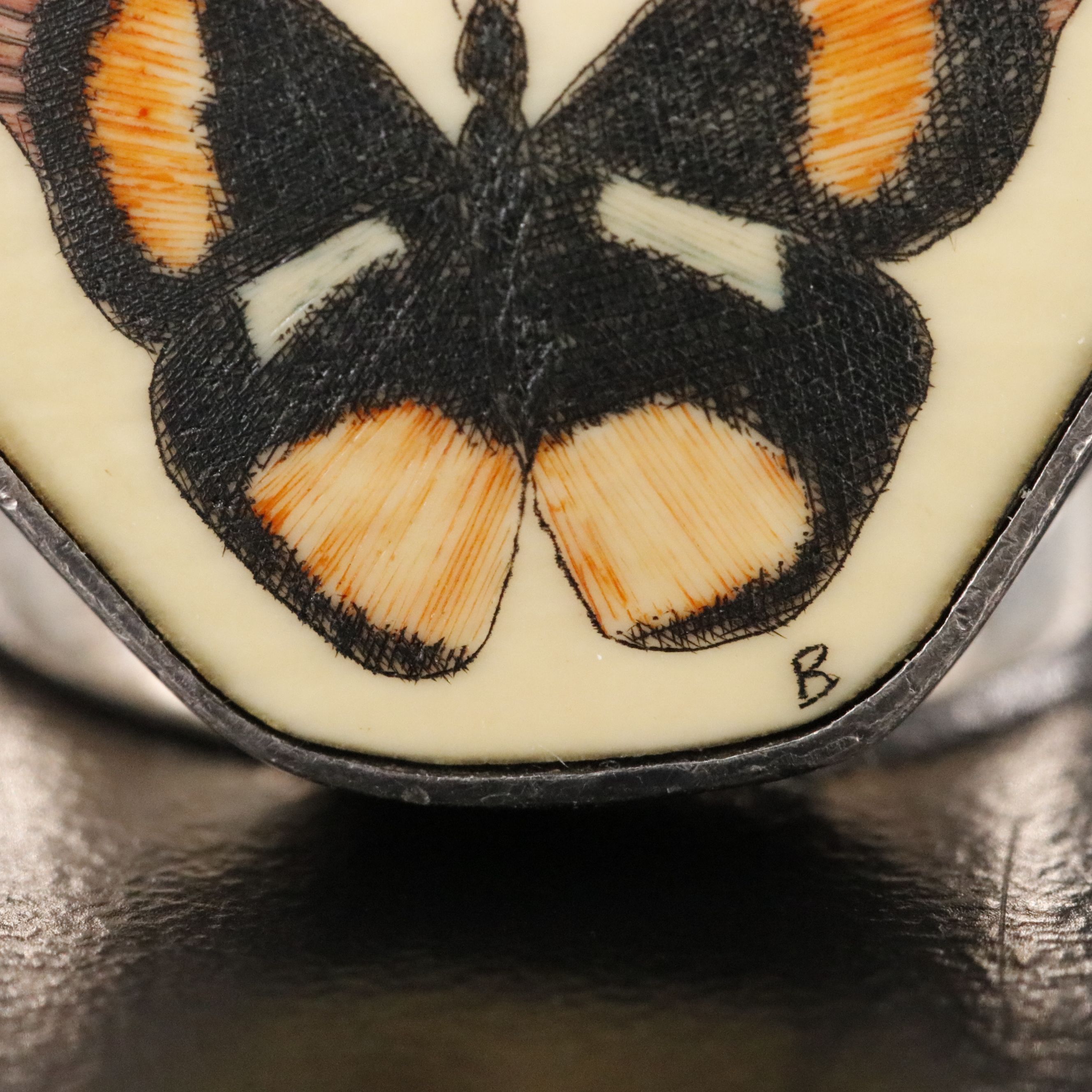 Signed Scrimshaw Butterfly Ring