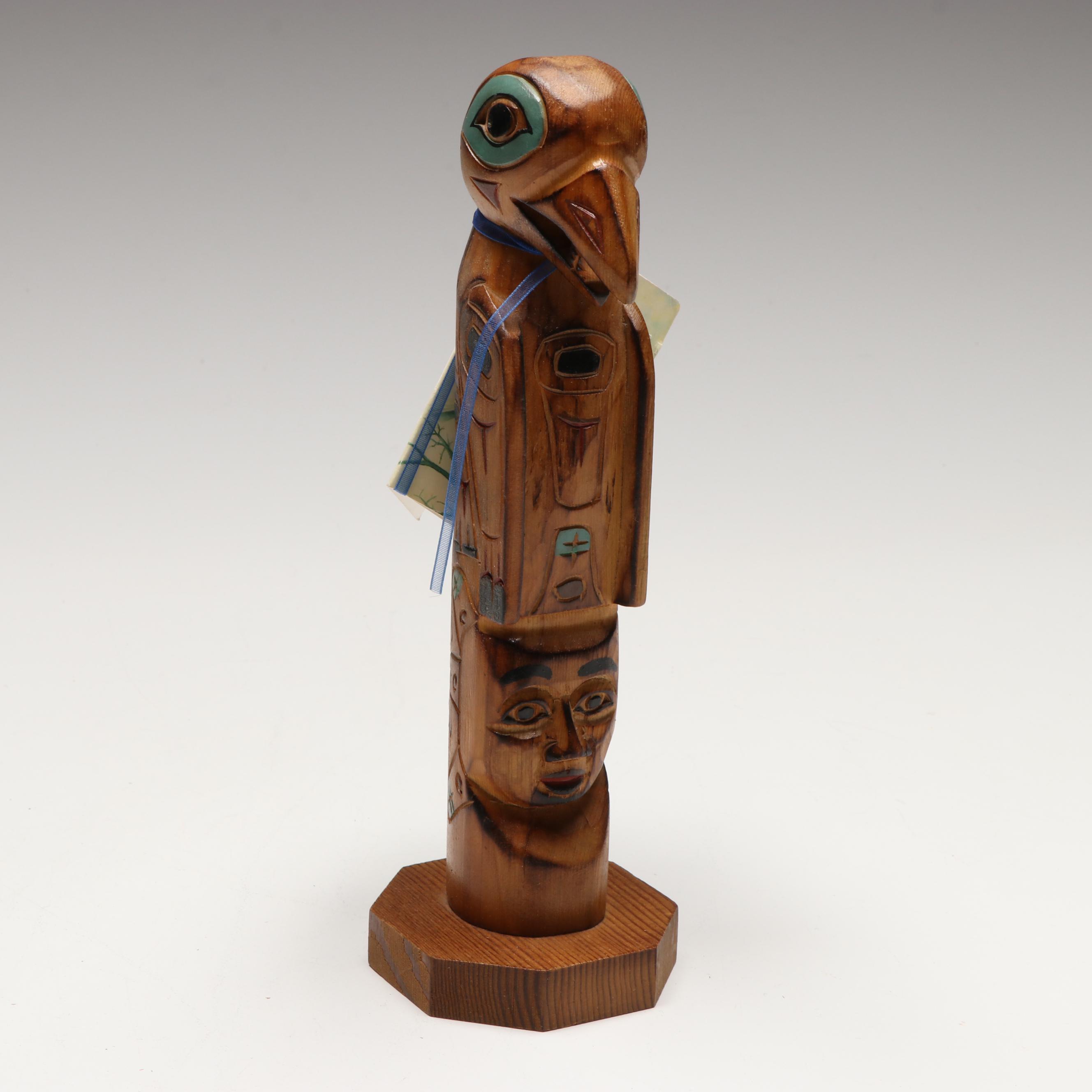 Alaskan "The Legend of Sun and Raven" Carved Wood Totem with Other Décor