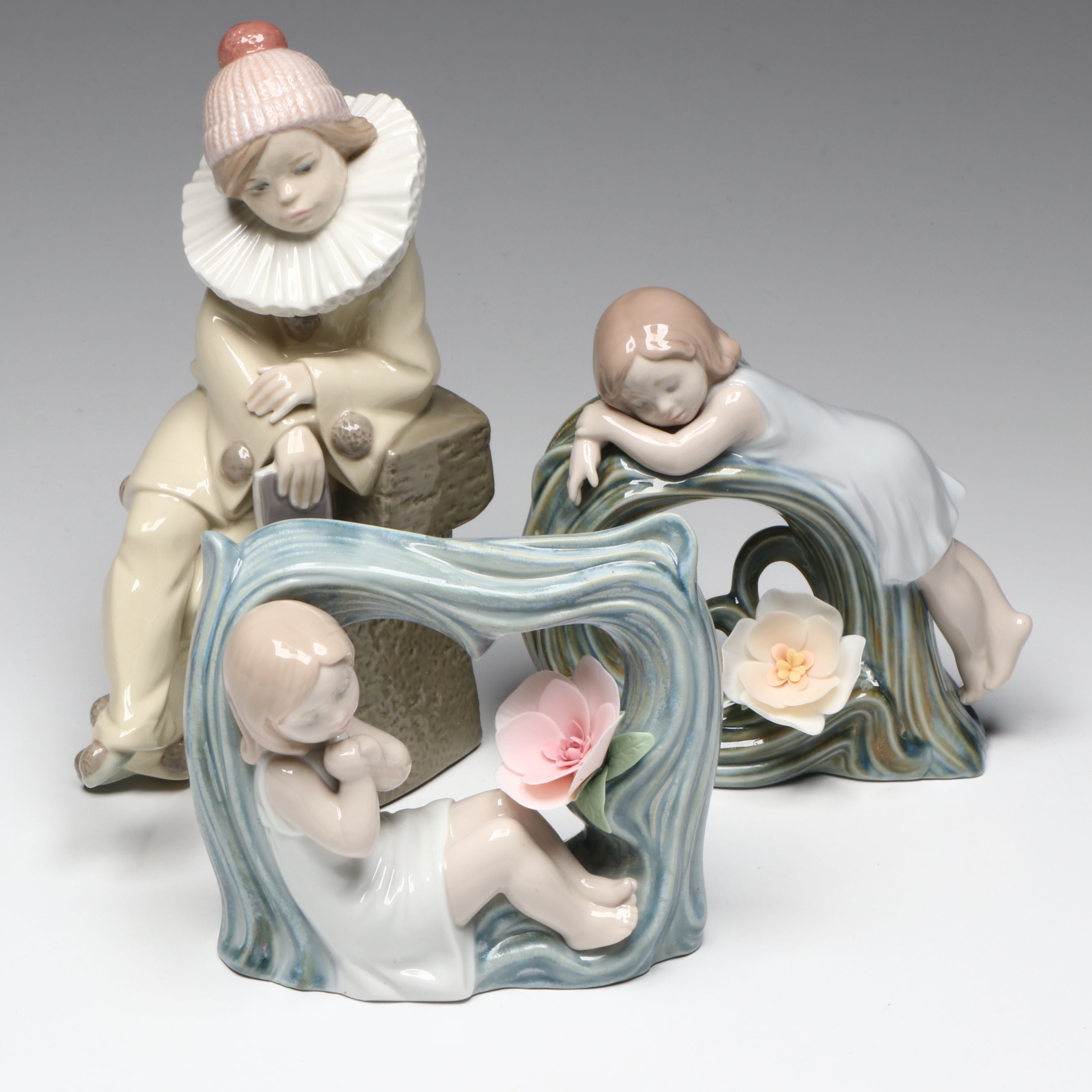 Lladró "Niño Pierrot," & Signed "Childhood Dream" & "Fantasy" Porcelain Figures