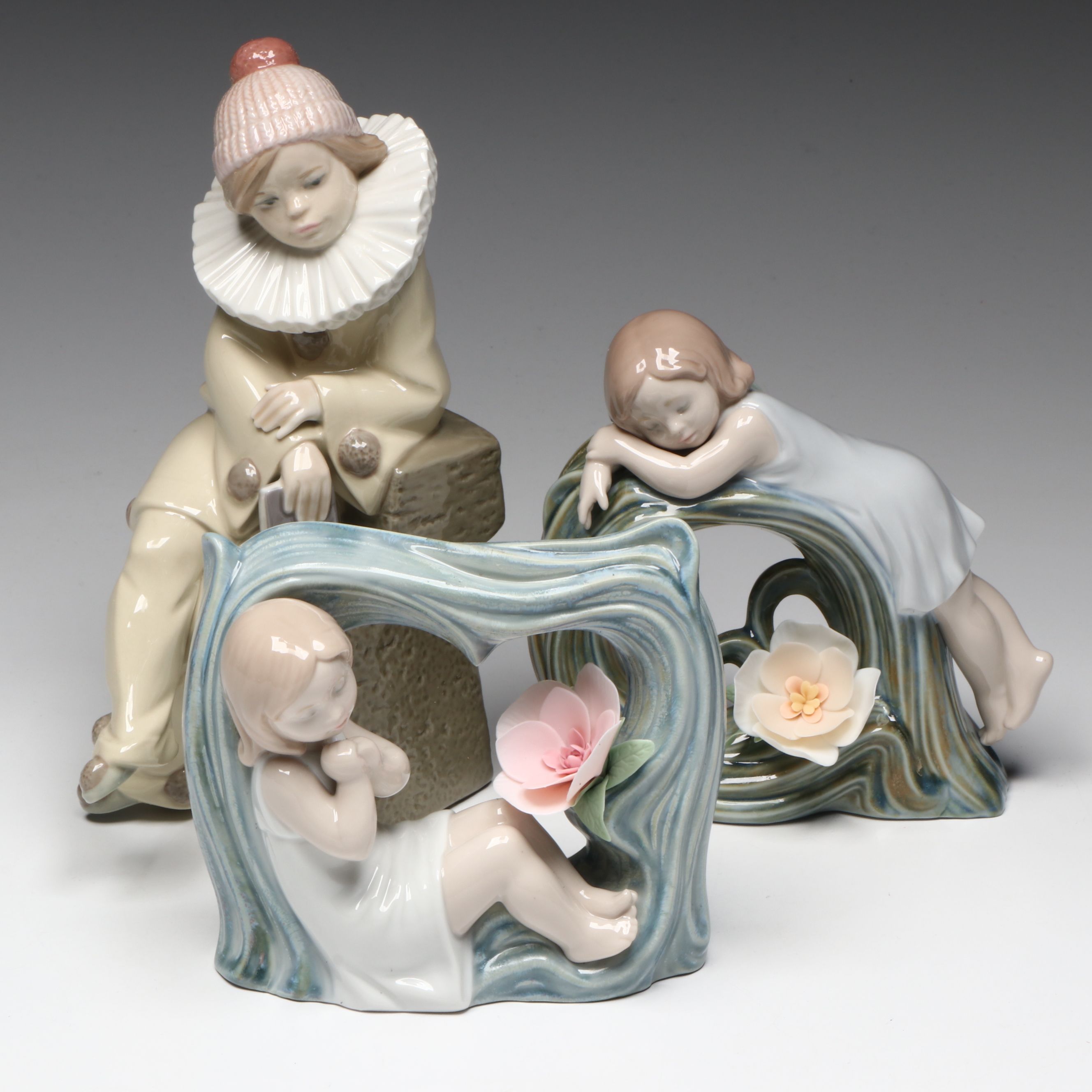 Lladró "Niño Pierrot," & Signed "Childhood Dream" & "Fantasy" Porcelain Figures
