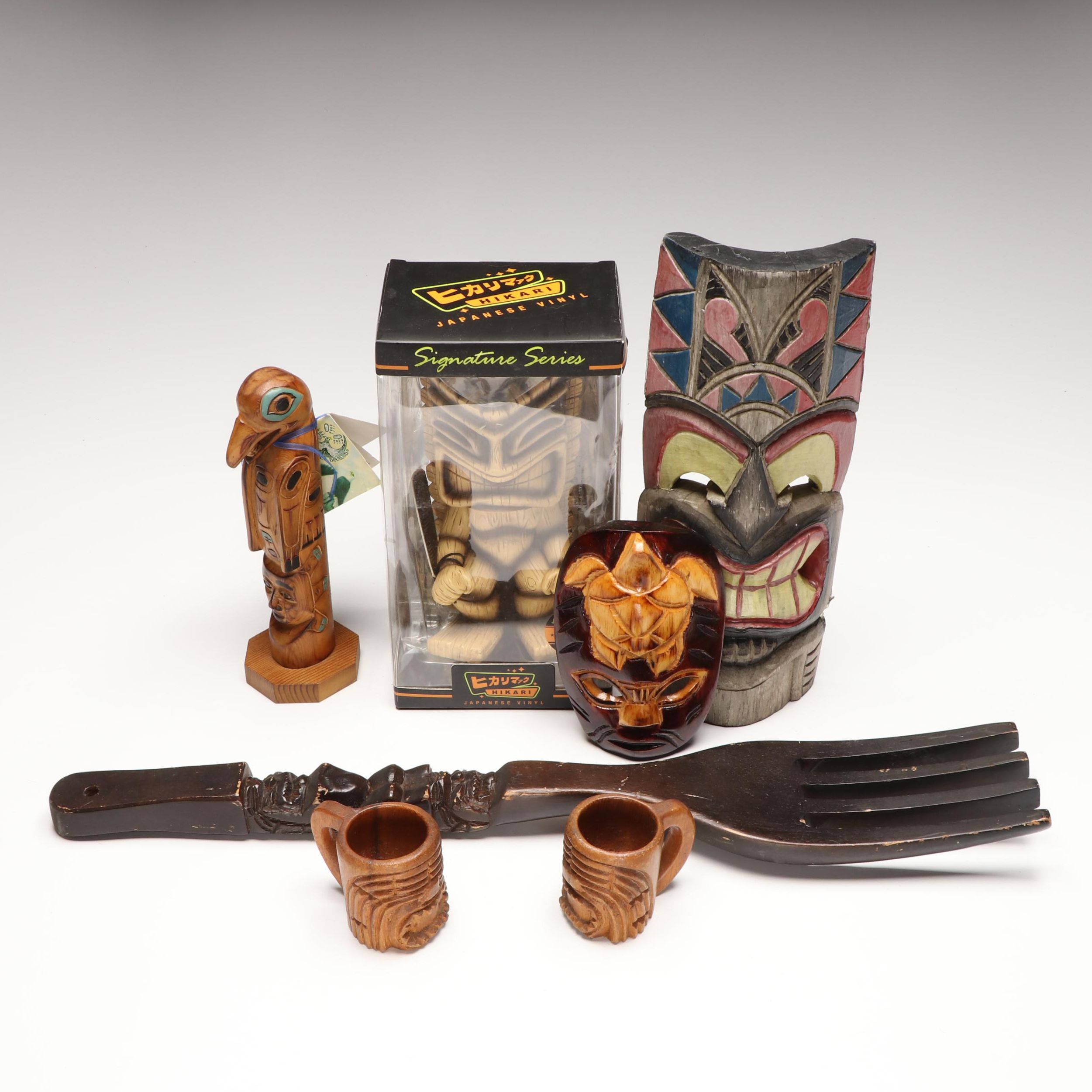 Alaskan "The Legend of Sun and Raven" Carved Wood Totem with Other Décor