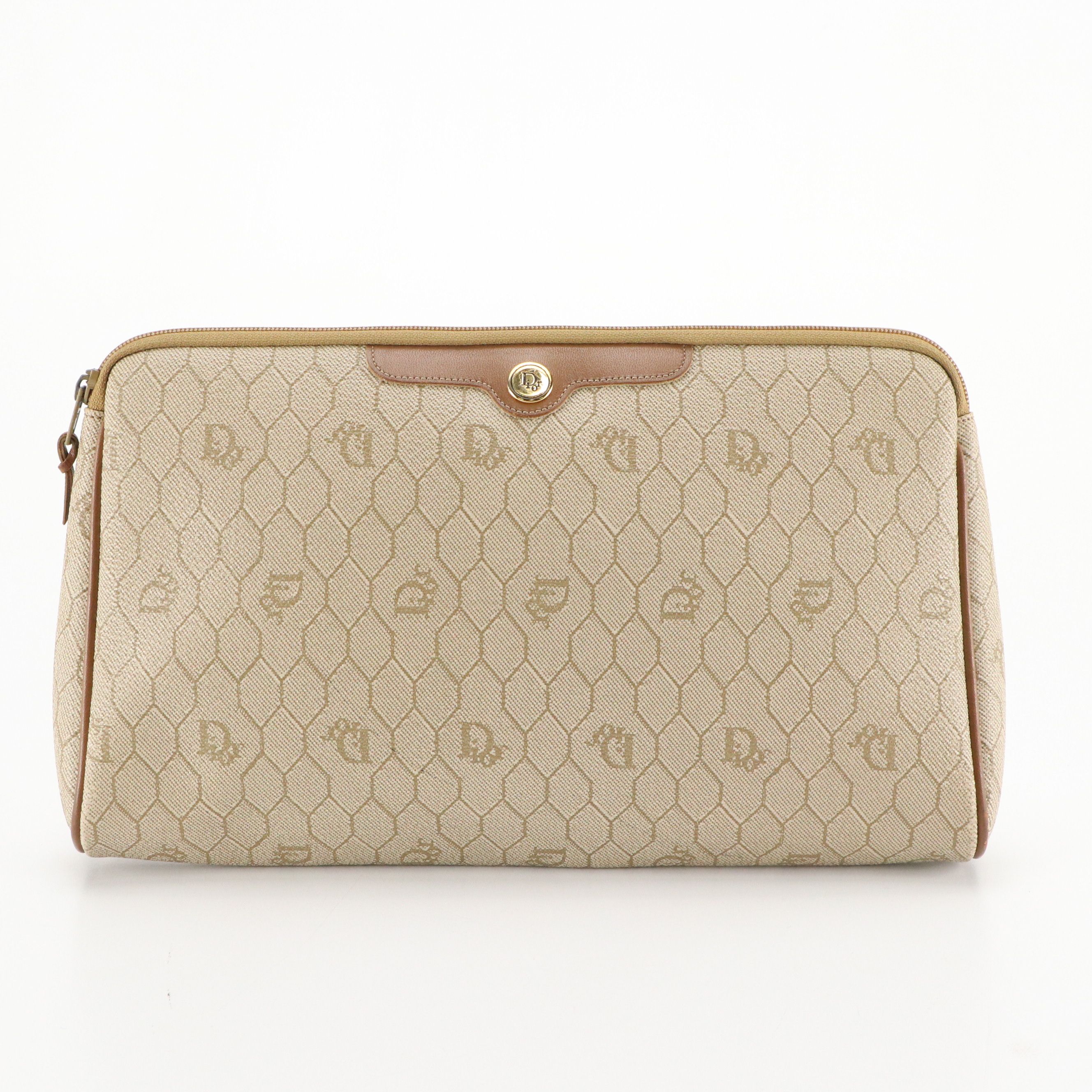 Christian Dior Zip Pouch in Beige Honeycomb Canvas and Brown Leather