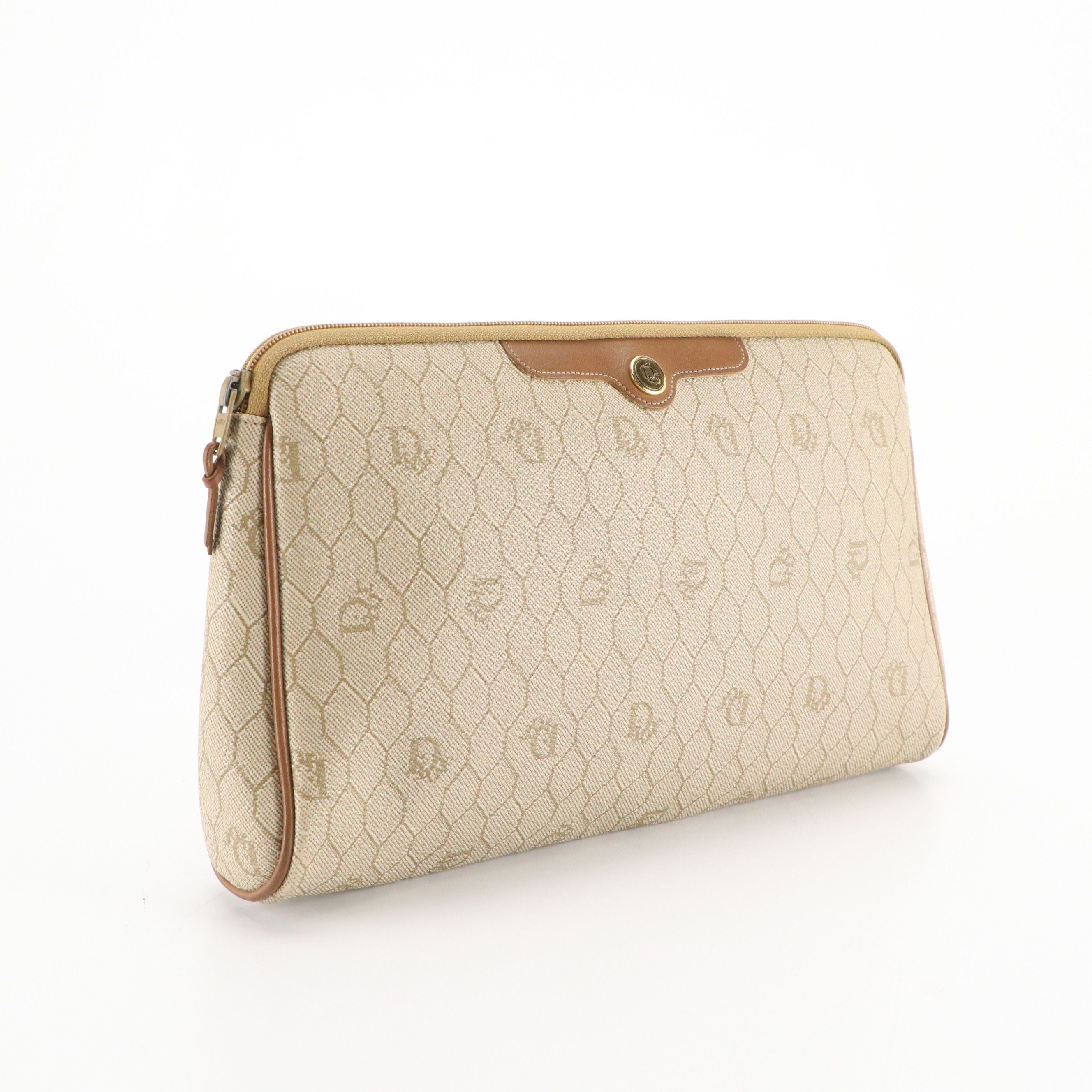 Christian Dior Zip Pouch in Beige Honeycomb Canvas and Brown Leather
