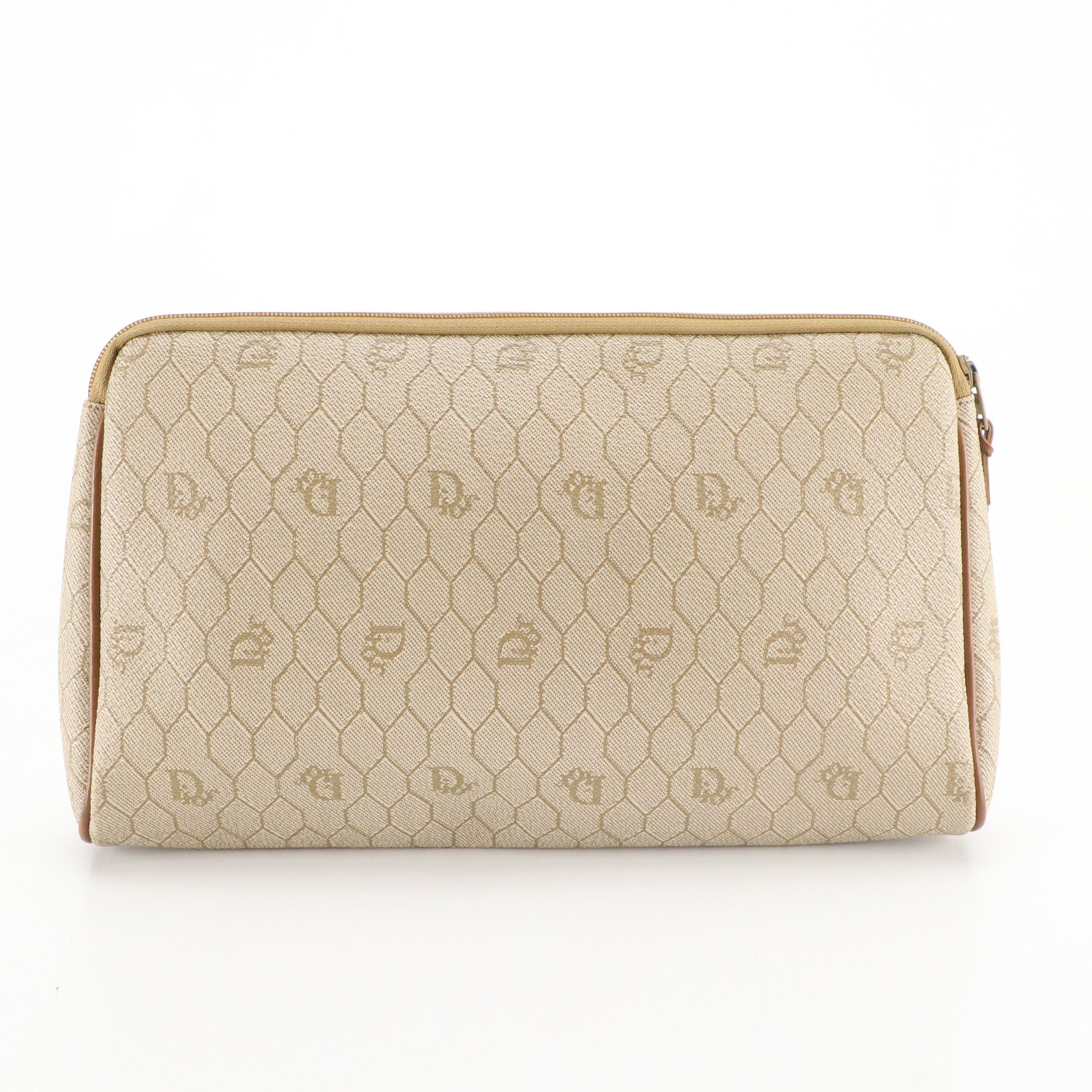 Christian Dior Zip Pouch in Beige Honeycomb Canvas and Brown Leather