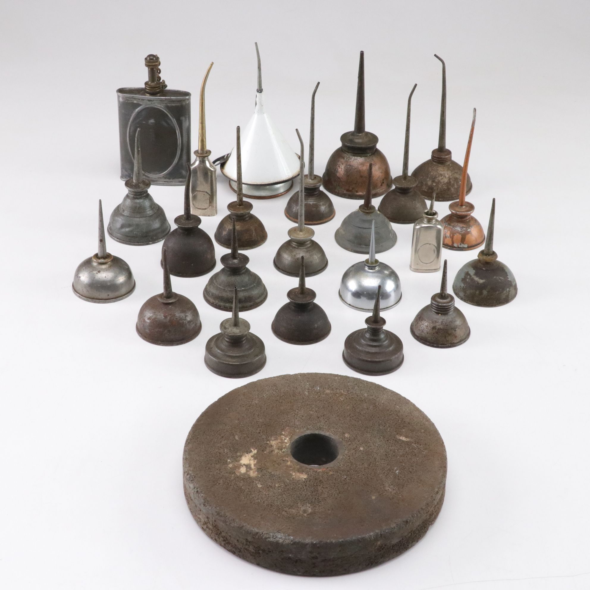 WWII Era Gun Oil Can with Other Oil Cans and Grinding Wheel, Mid-20th Century