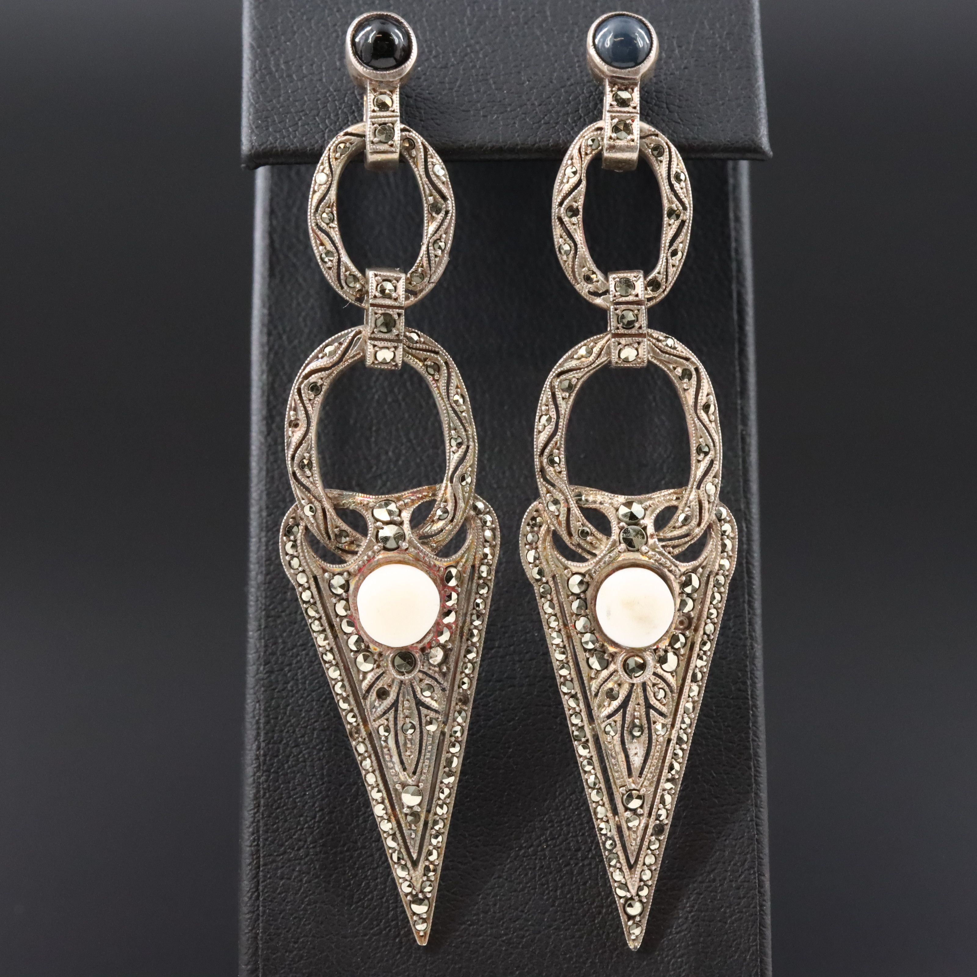 Vintage Sterling Earrings with Marcasite, Black Onyx and Howlite