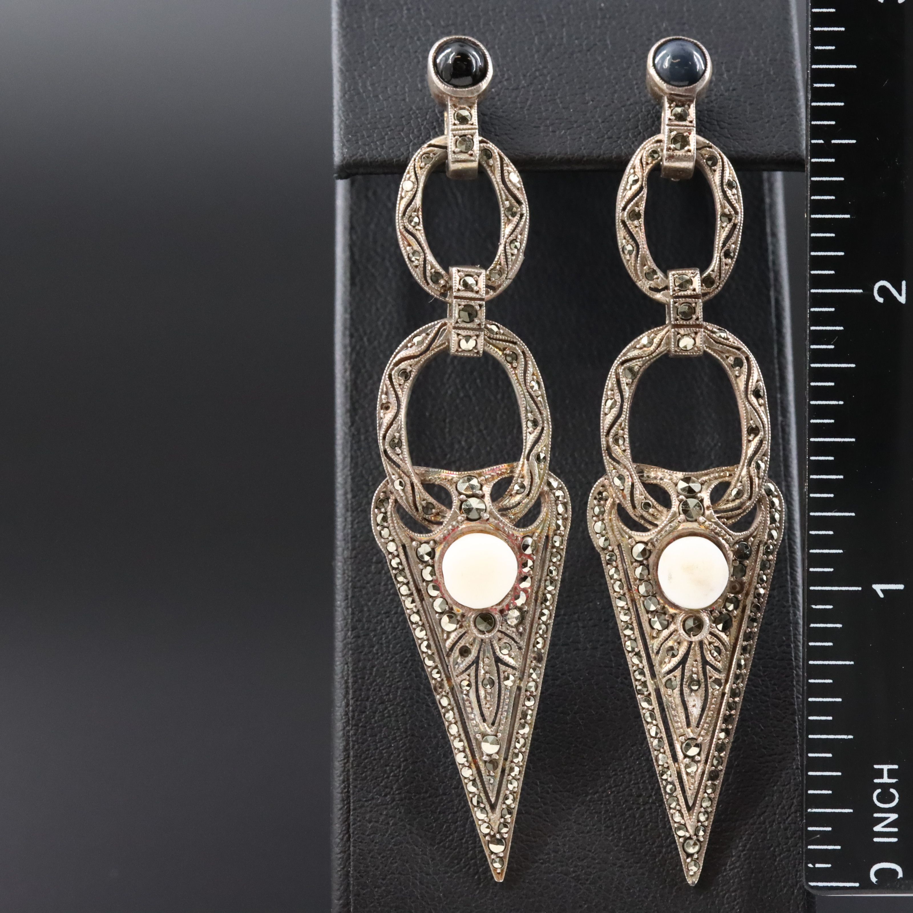 Vintage Sterling Earrings with Marcasite, Black Onyx and Howlite