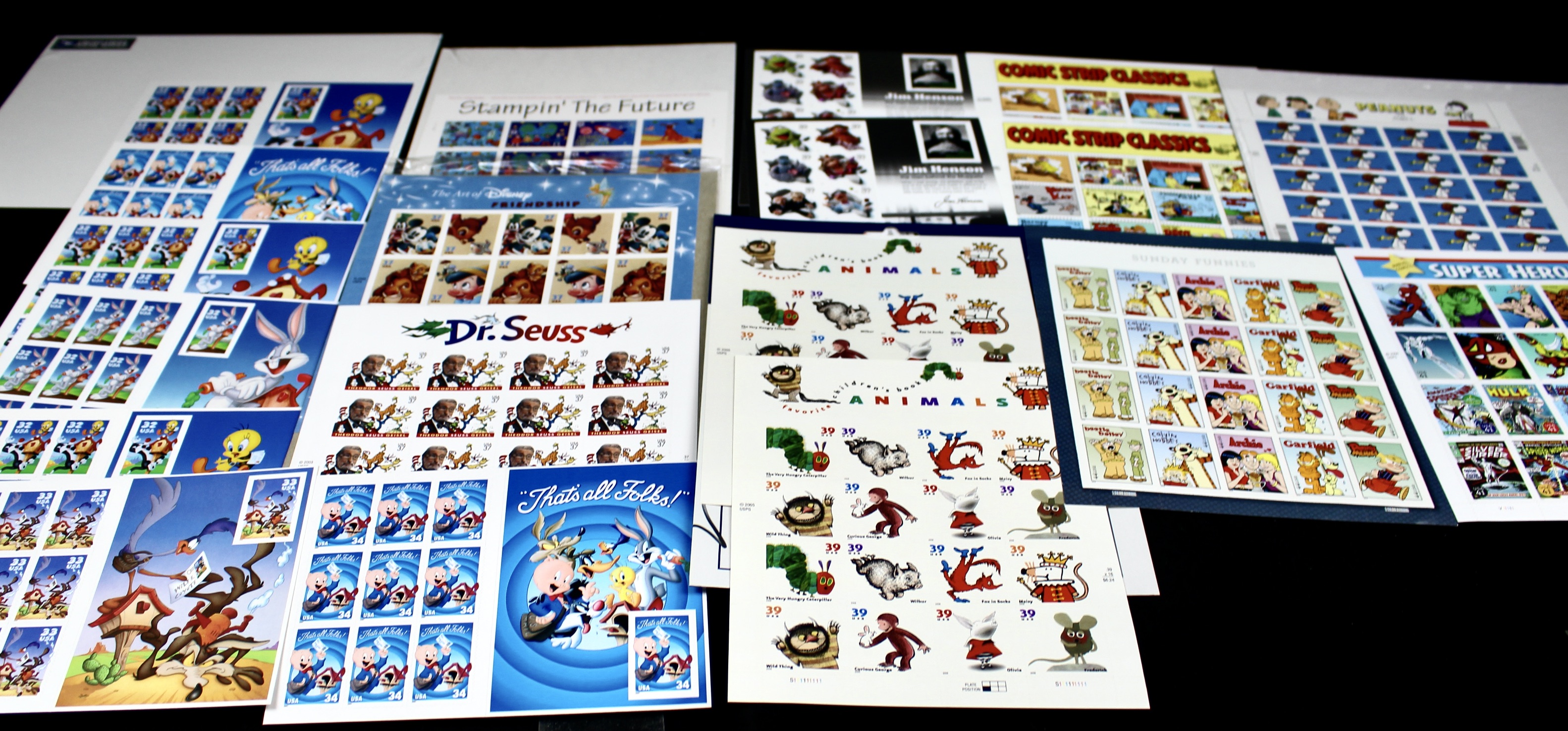 Miniature U.S. Postage Stamp Sheet Collection, Including Comics, Superheroes