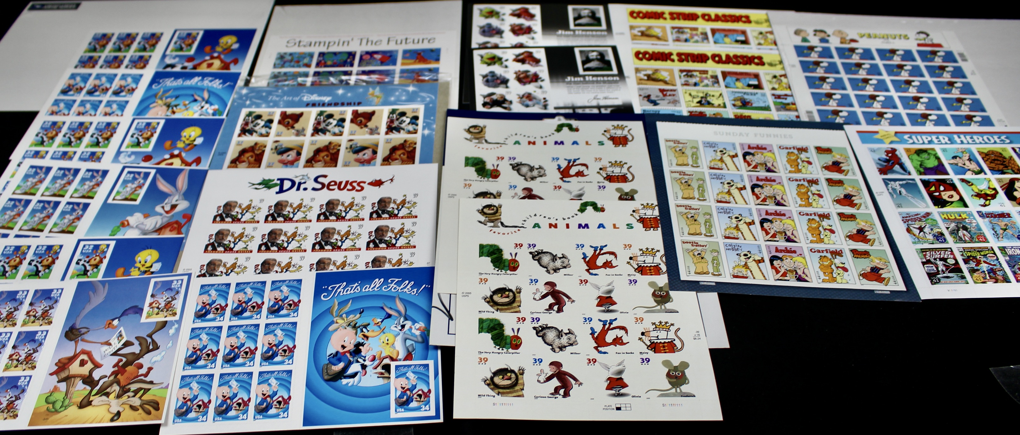 Miniature U.S. Postage Stamp Sheet Collection, Including Comics, Superheroes