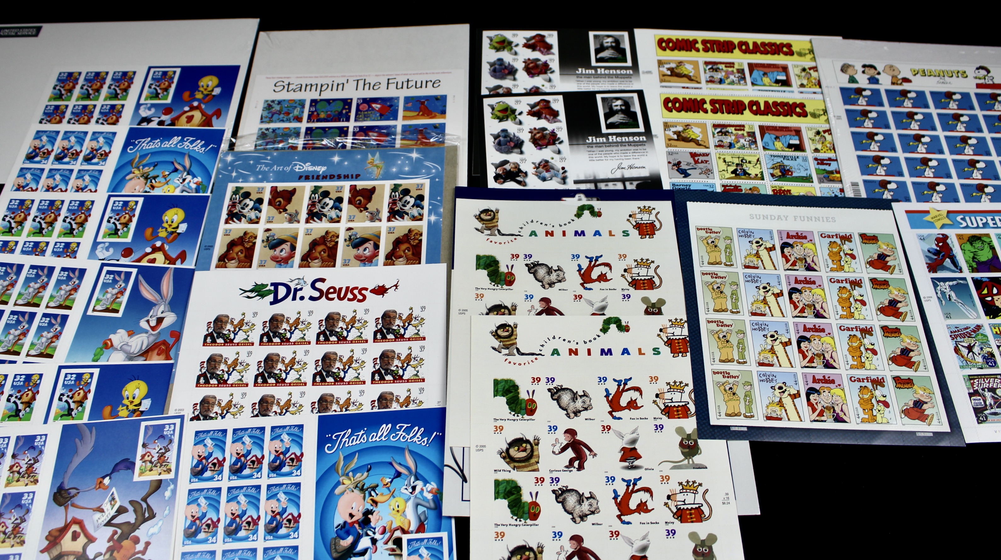 Miniature U.S. Postage Stamp Sheet Collection, Including Comics, Superheroes
