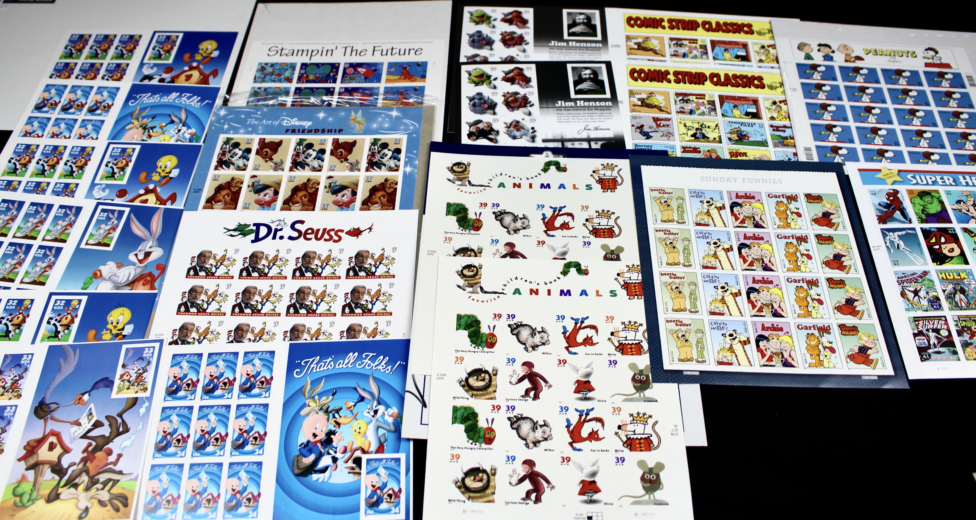 Miniature U.S. Postage Stamp Sheet Collection, Including Comics, Superheroes