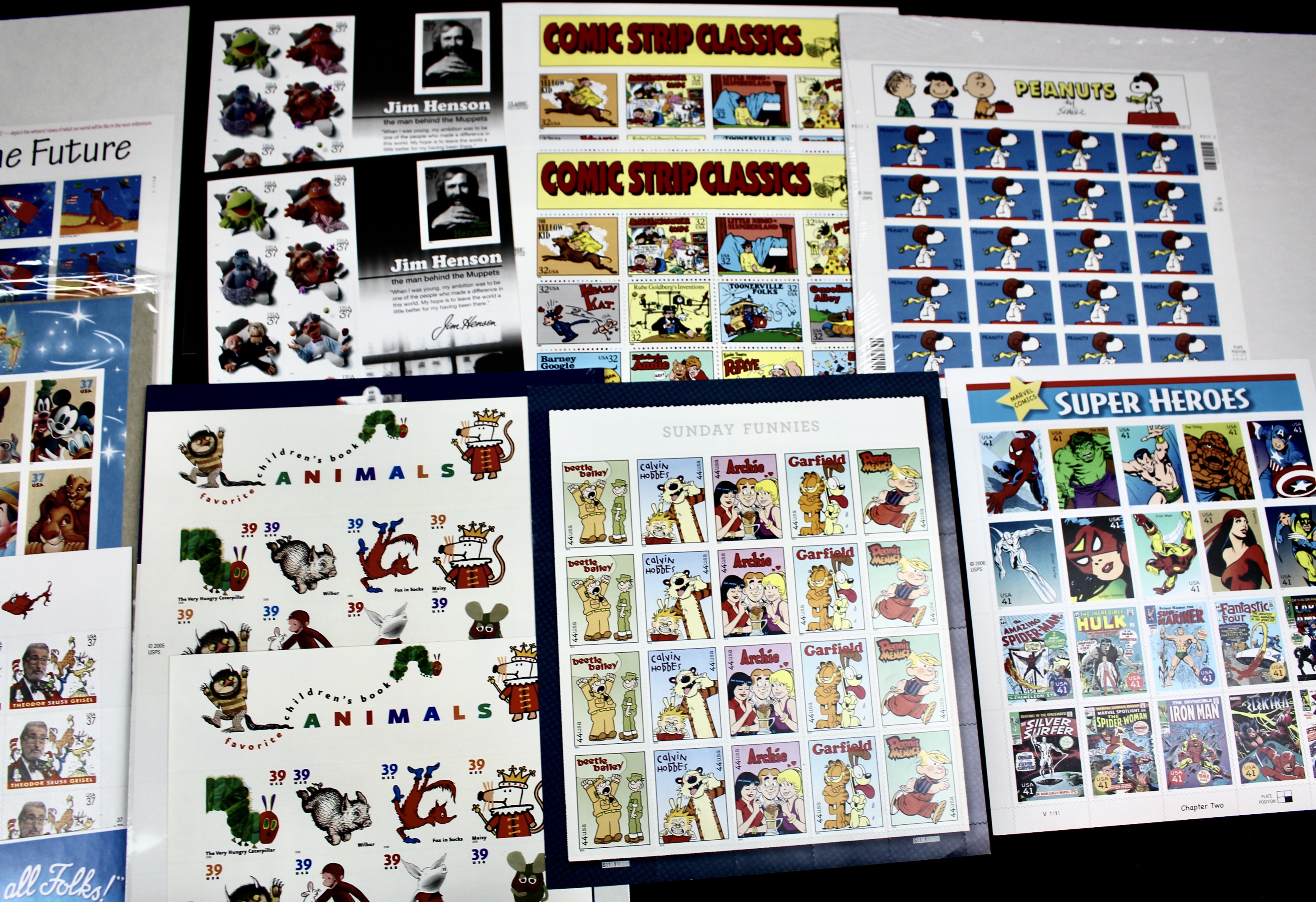 Miniature U.S. Postage Stamp Sheet Collection, Including Comics, Superheroes