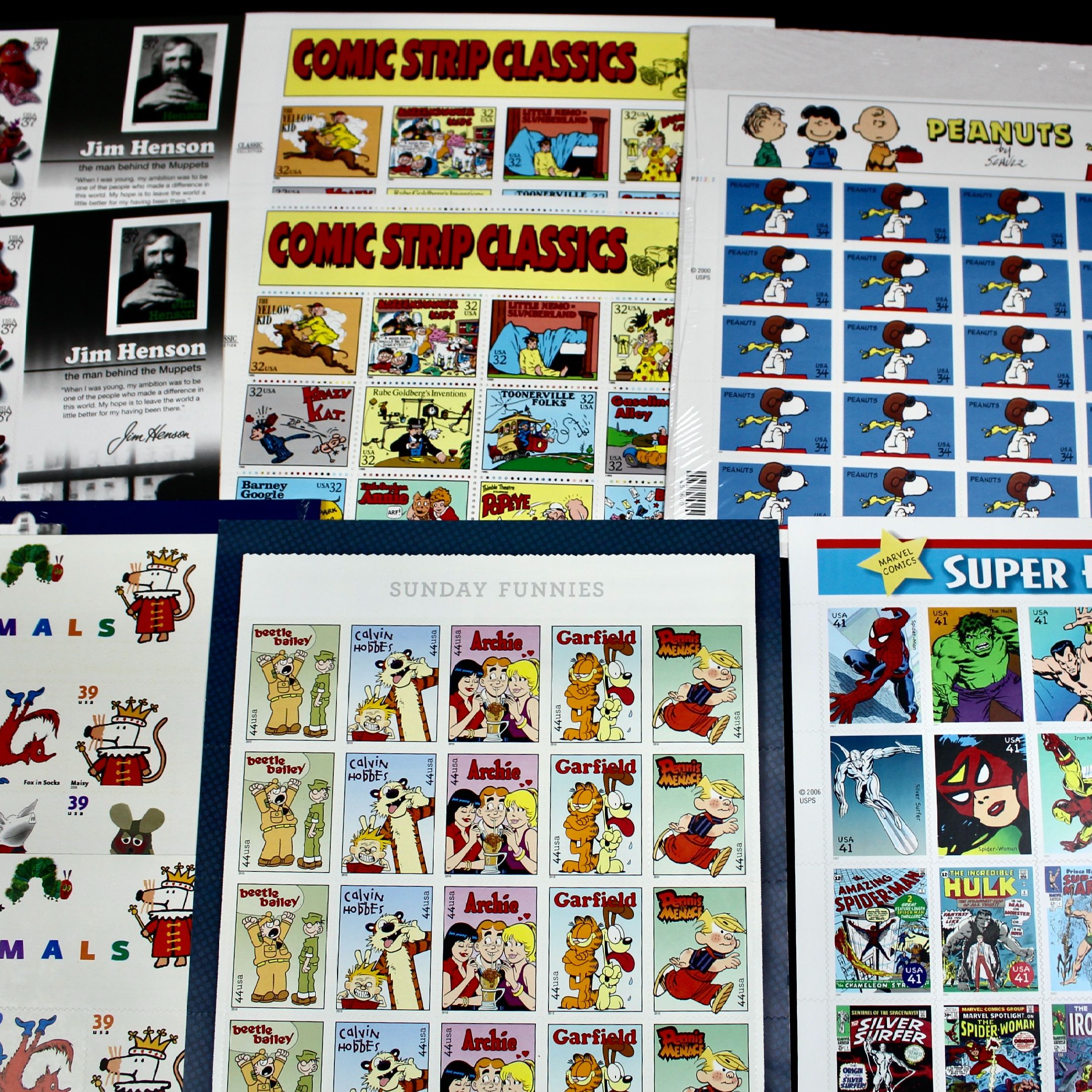 Miniature U.S. Postage Stamp Sheet Collection, Including Comics, Superheroes