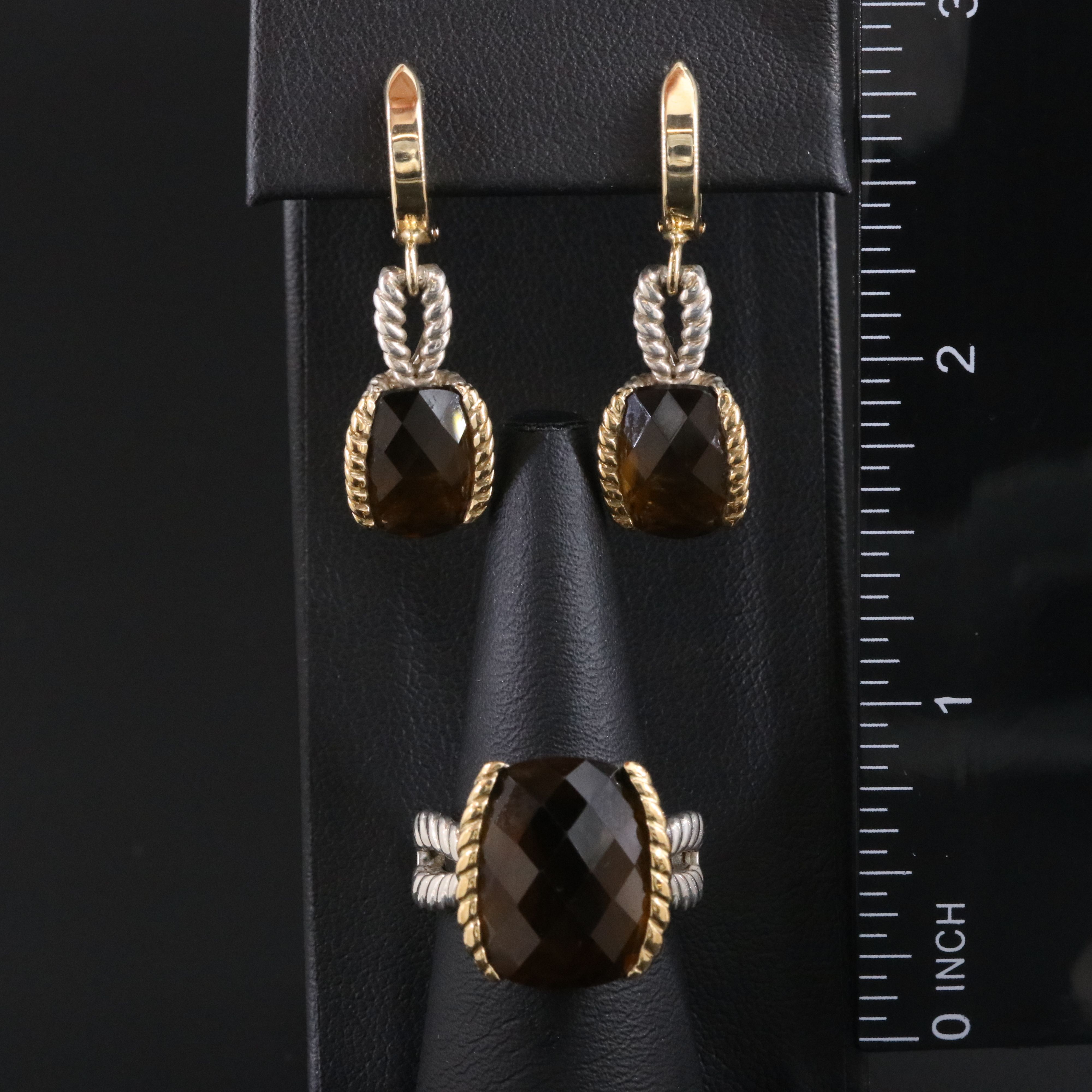 Sterling and 14K Smoky Quartz Earring and Ring Set